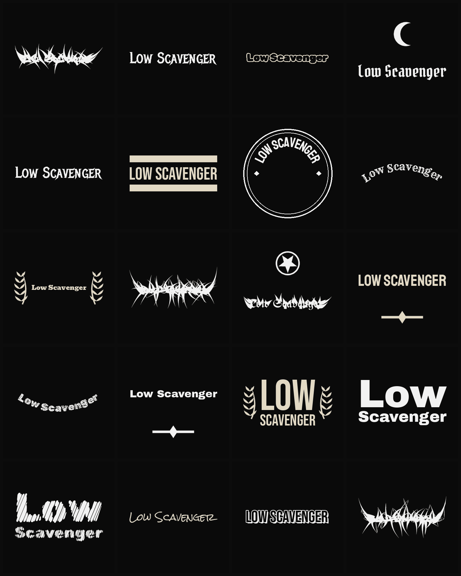Twenty Low Scavenger band logo ideas — different faces, treatments and spike settings