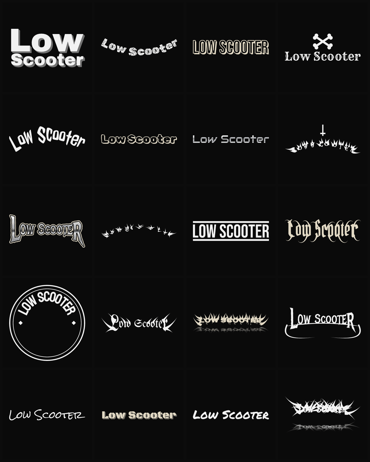 Twenty Low Scooter band logo ideas — different faces, treatments and spike settings