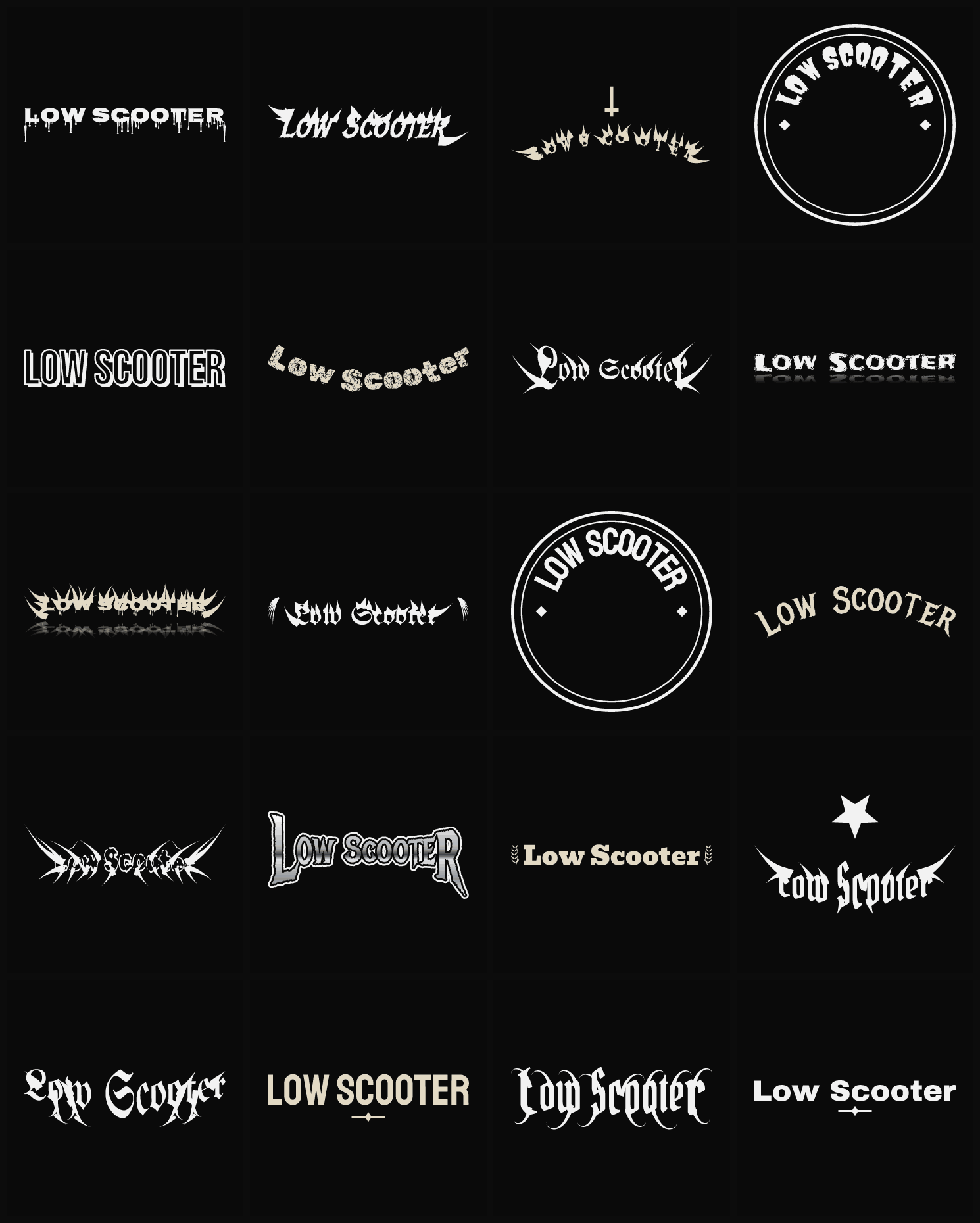 Twenty Low Scooter band logo ideas — different faces, treatments and spike settings