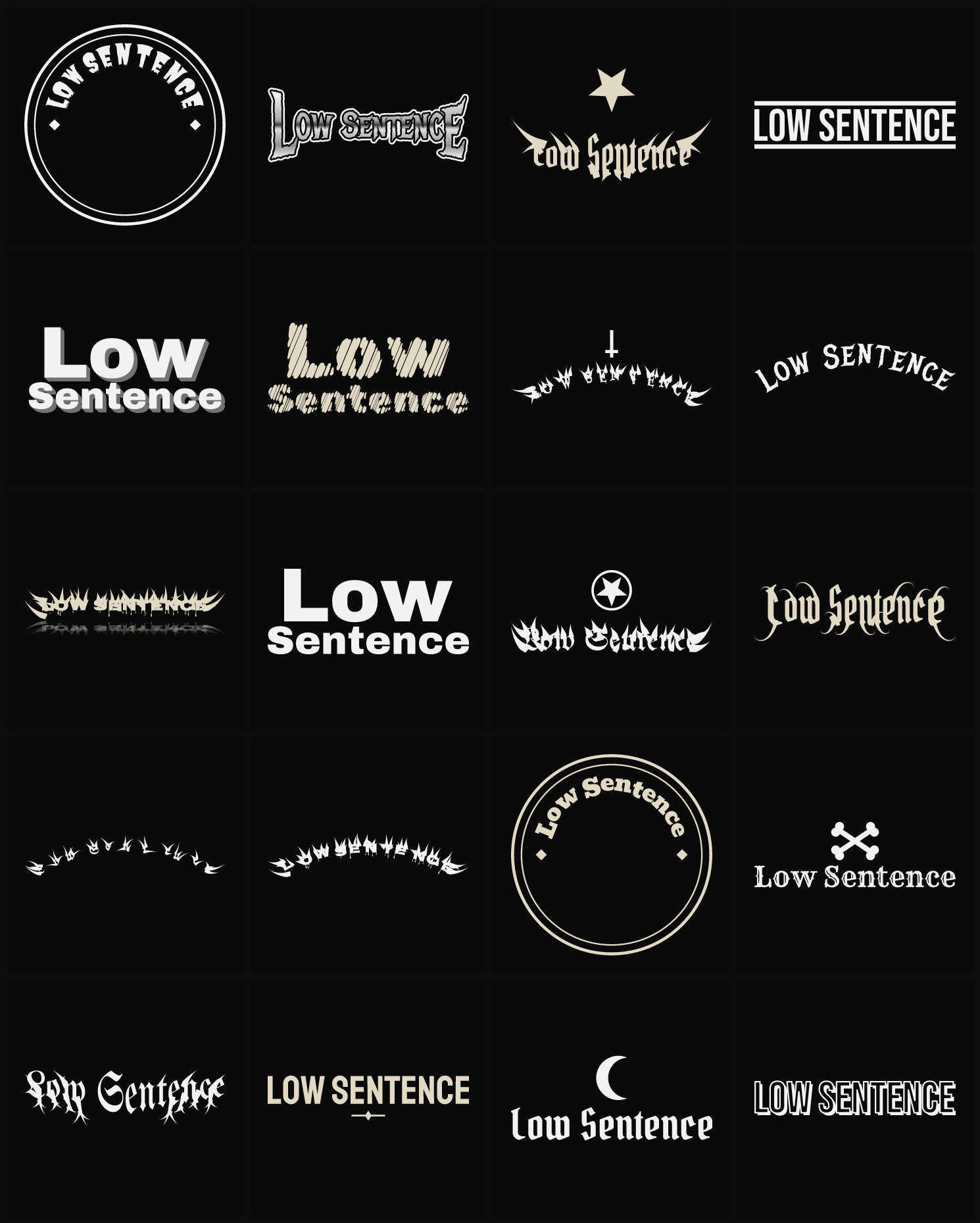 Twenty Low Sentence band logo ideas — different faces, treatments and spike settings