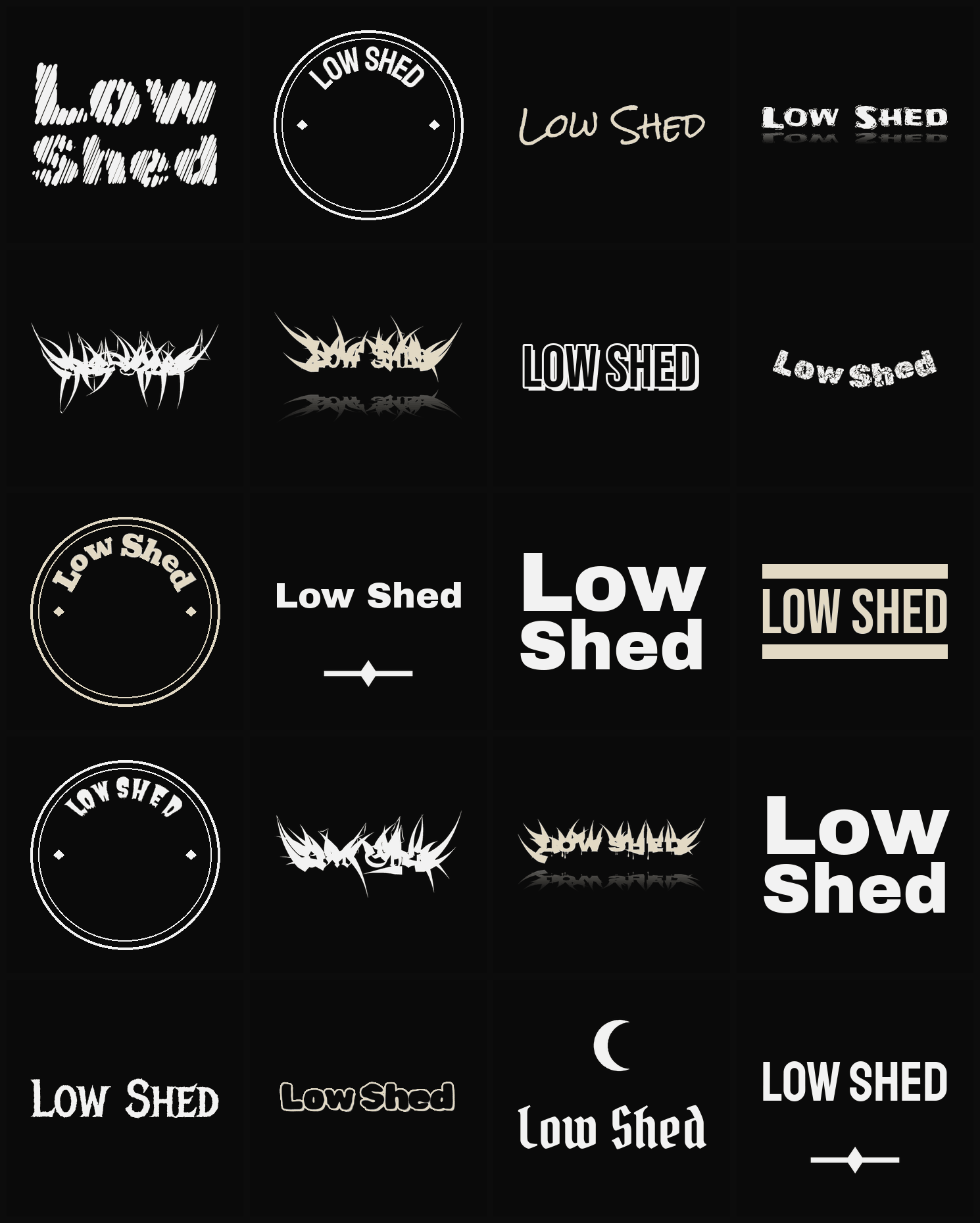 Twenty Low Shed band logo ideas — different faces, treatments and spike settings