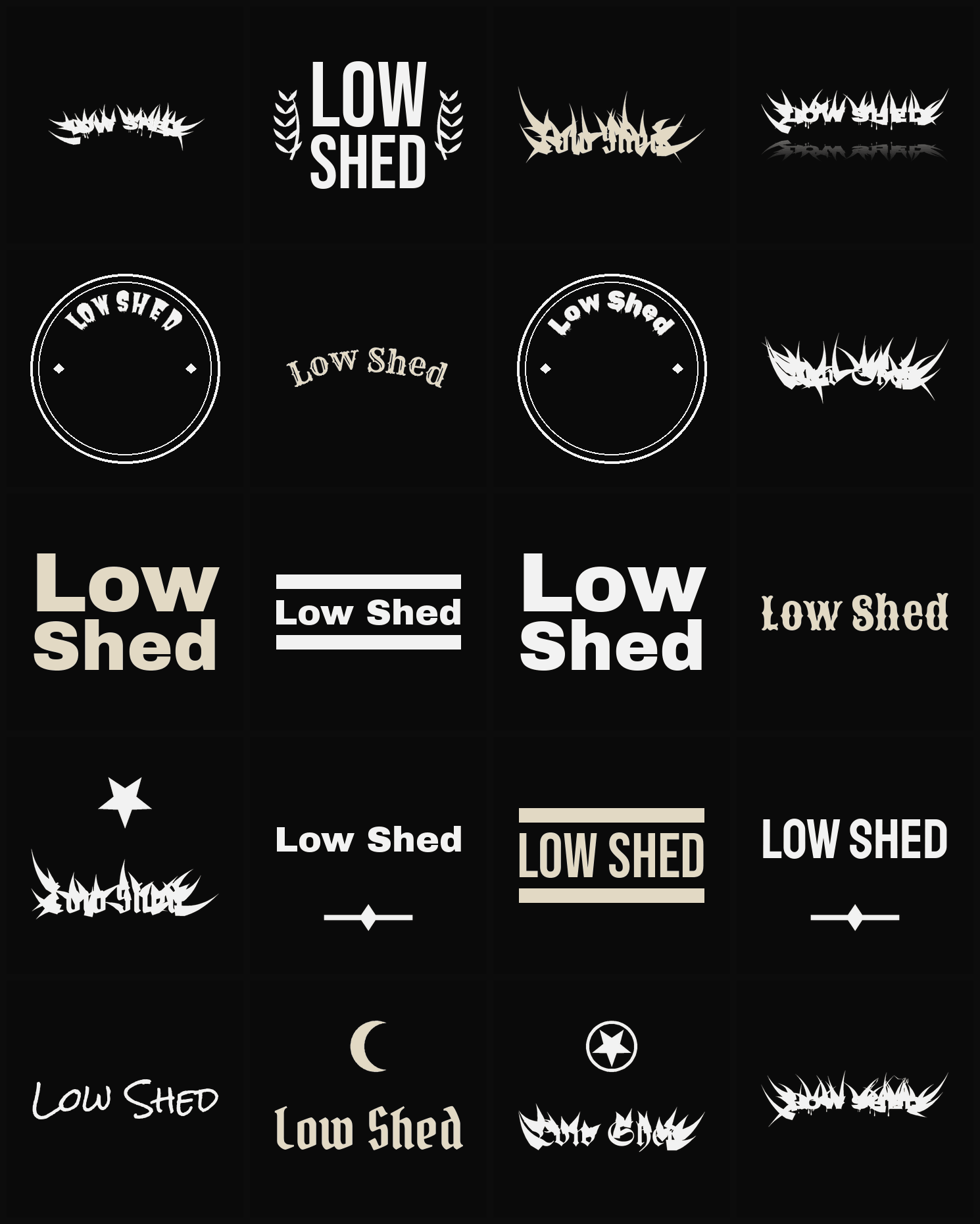 Twenty Low Shed band logo ideas — different faces, treatments and spike settings