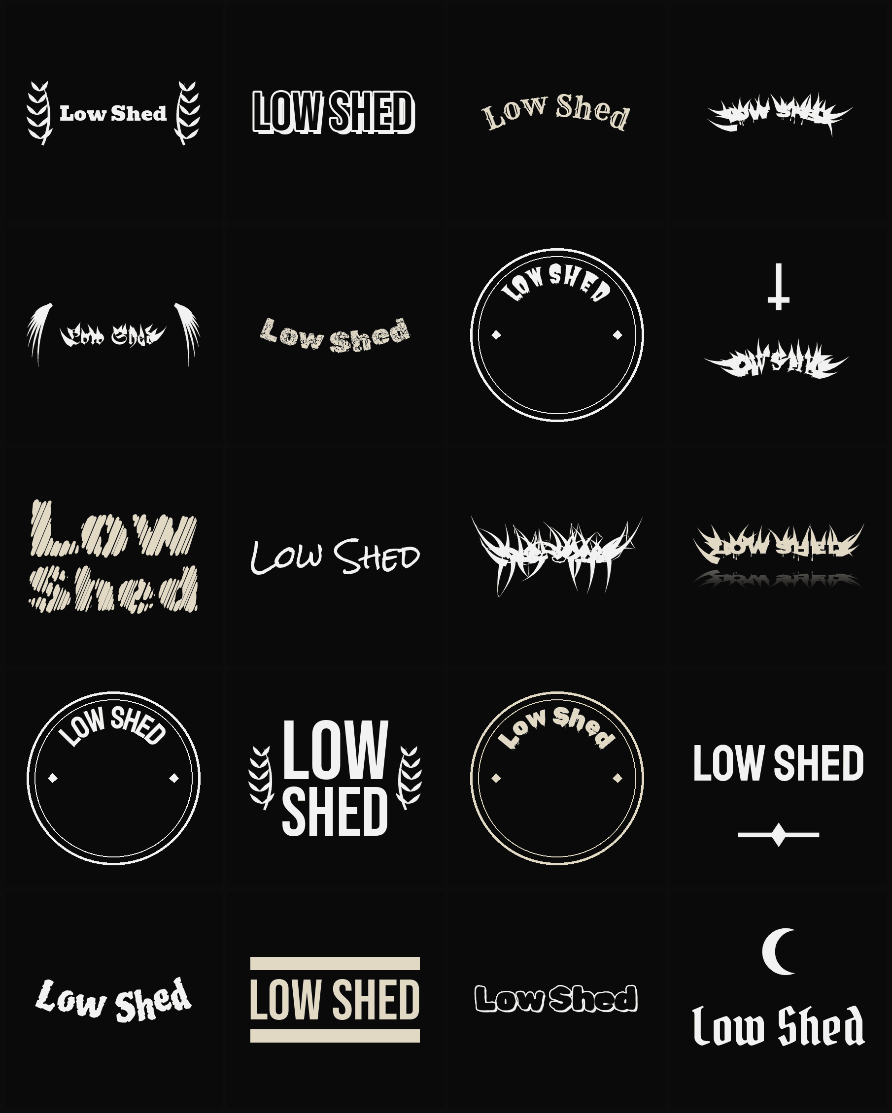 Twenty Low Shed band logo ideas — different faces, treatments and spike settings