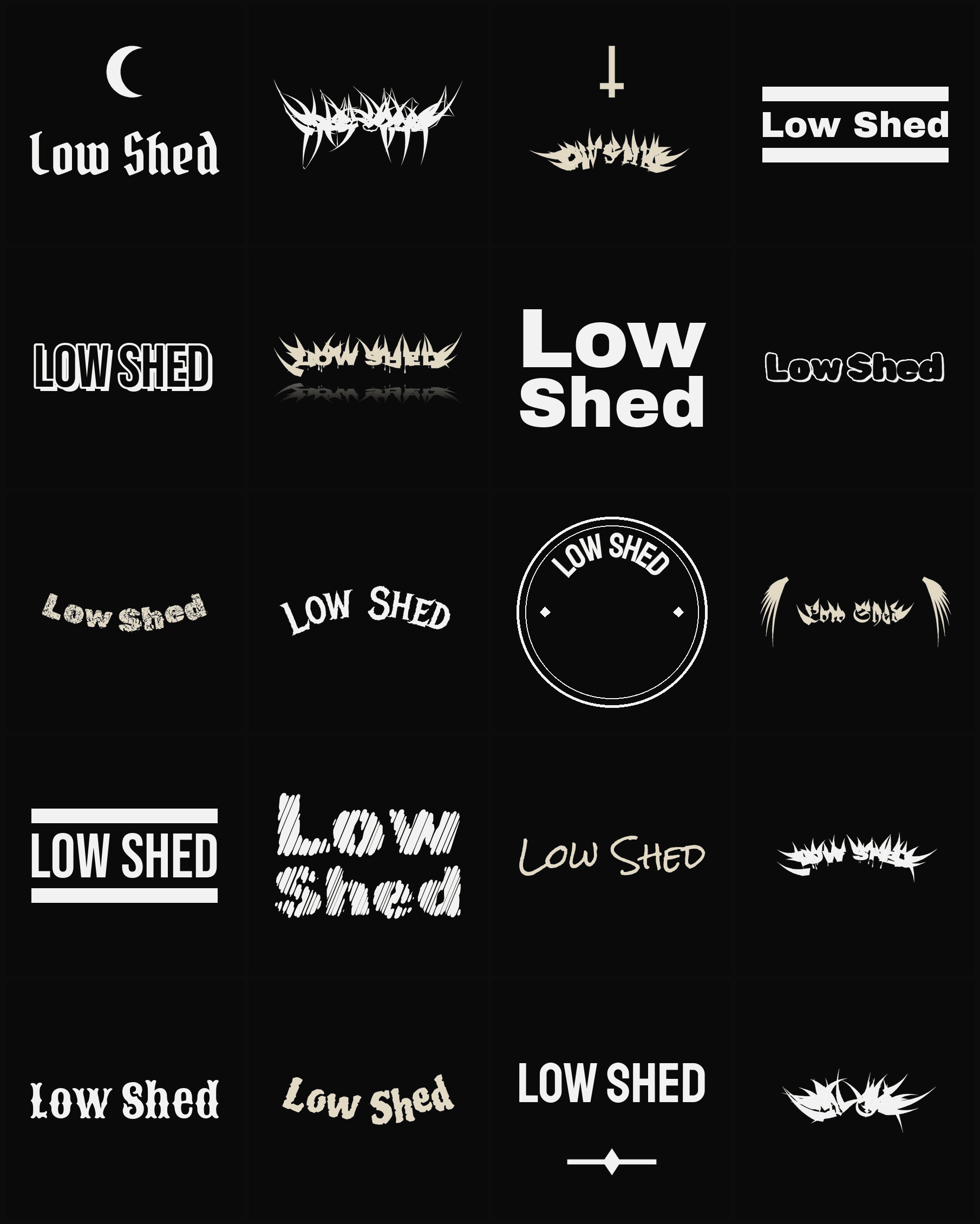 Twenty Low Shed band logo ideas — different faces, treatments and spike settings