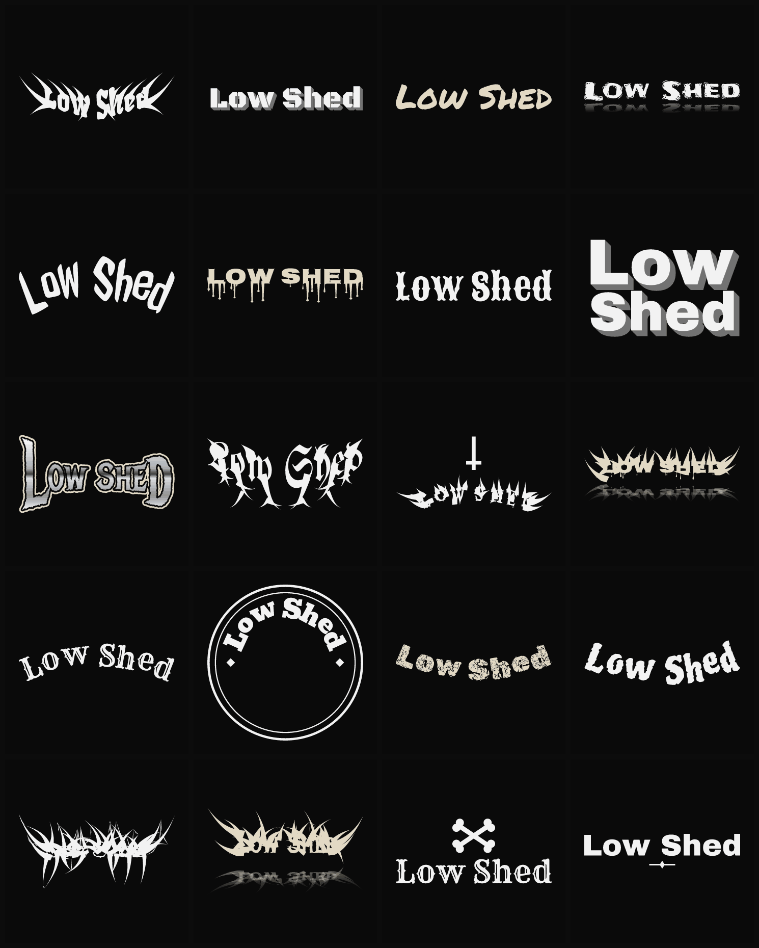 Twenty Low Shed band logo ideas — different faces, treatments and spike settings