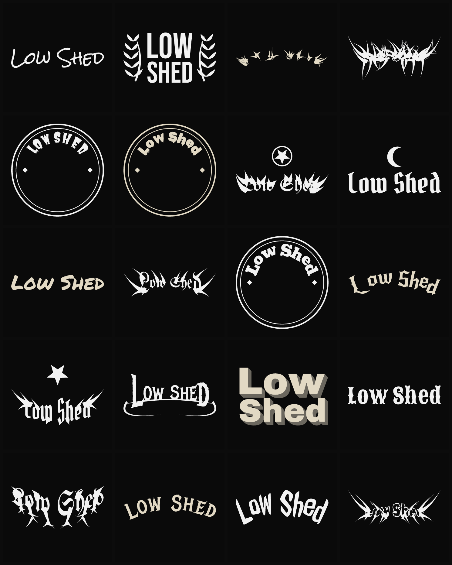 Twenty Low Shed band logo ideas — different faces, treatments and spike settings