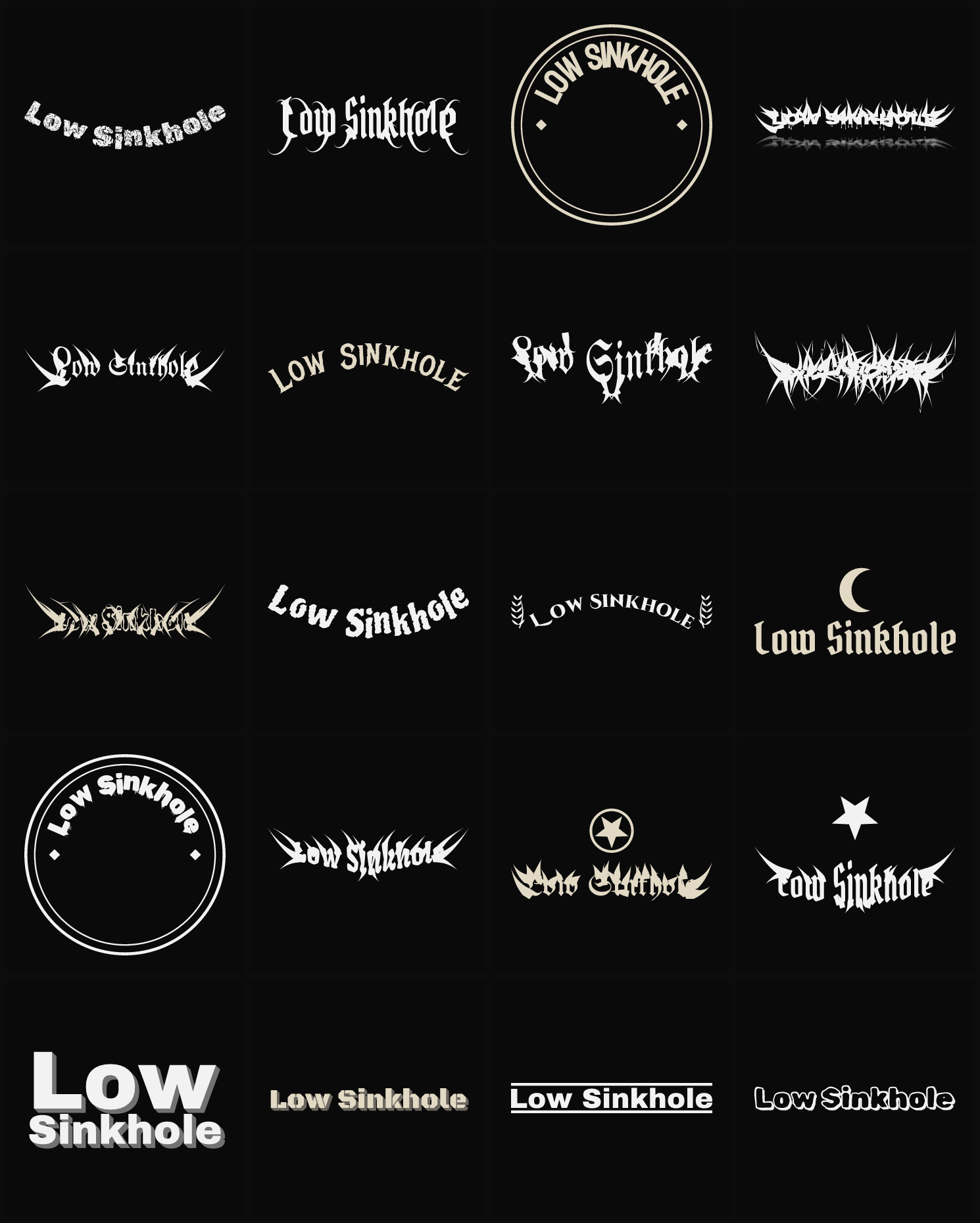 Twenty Low Sinkhole band logo ideas — different faces, treatments and spike settings