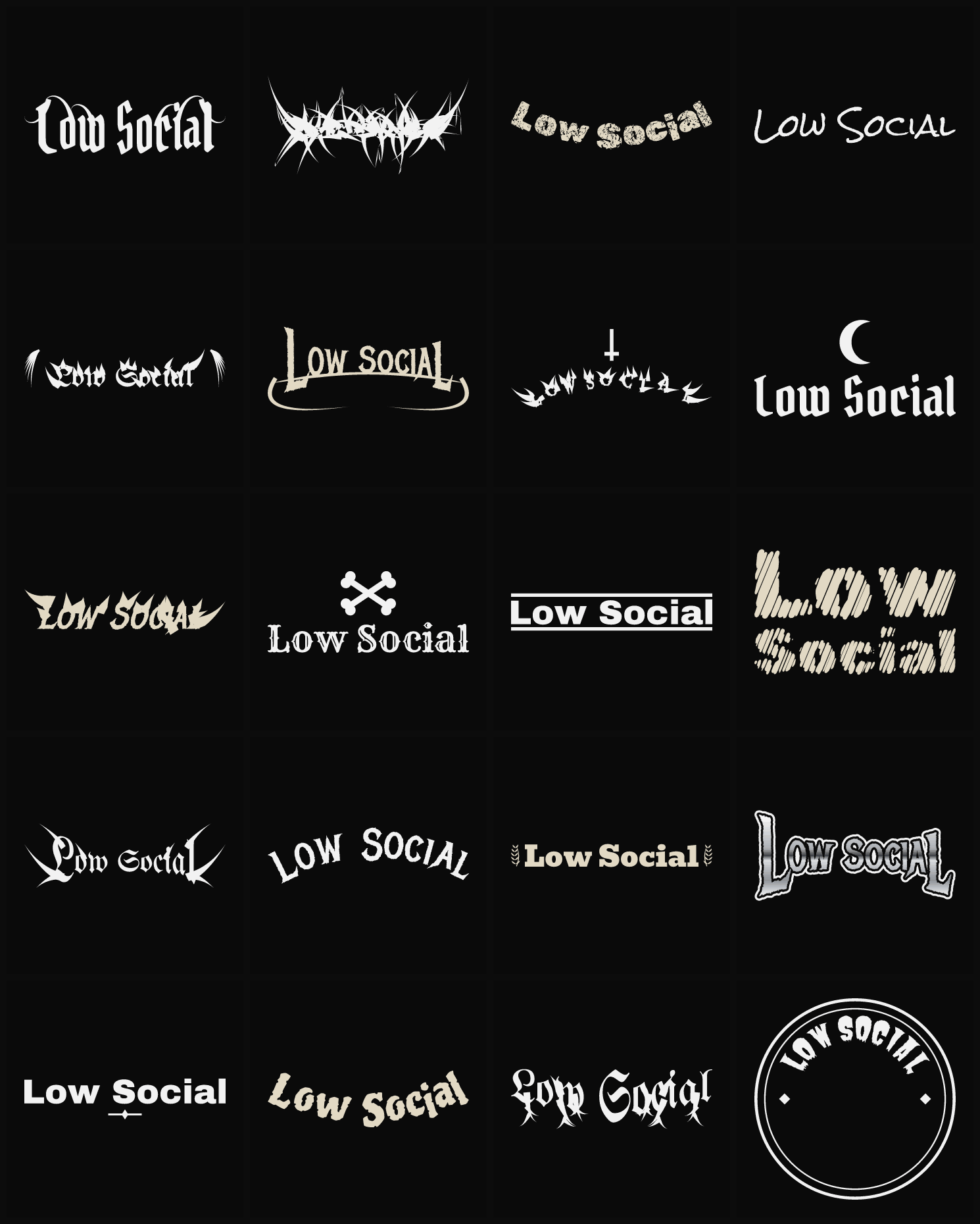 Twenty Low Social band logo ideas — different faces, treatments and spike settings
