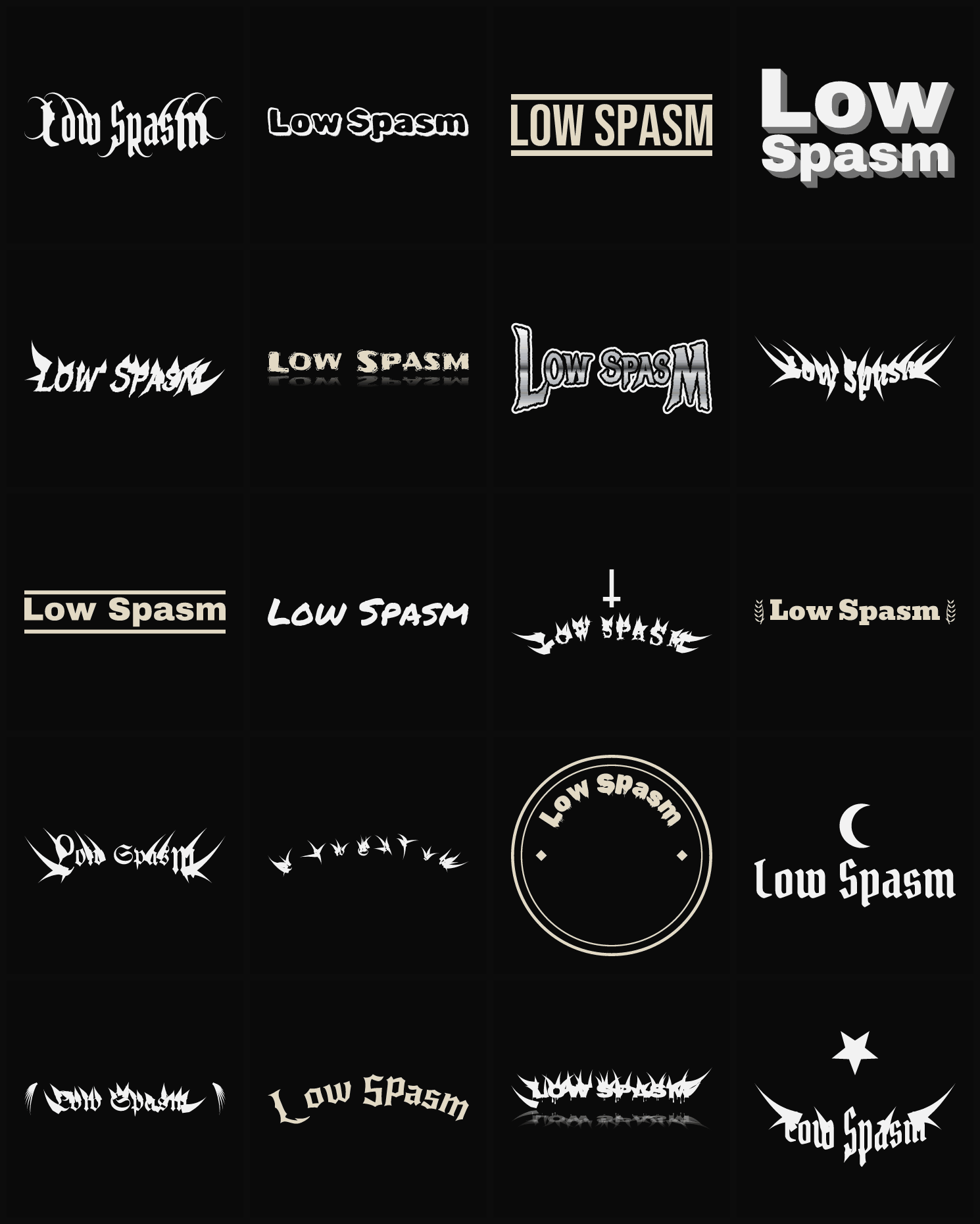 Twenty Low Spasm band logo ideas — different faces, treatments and spike settings