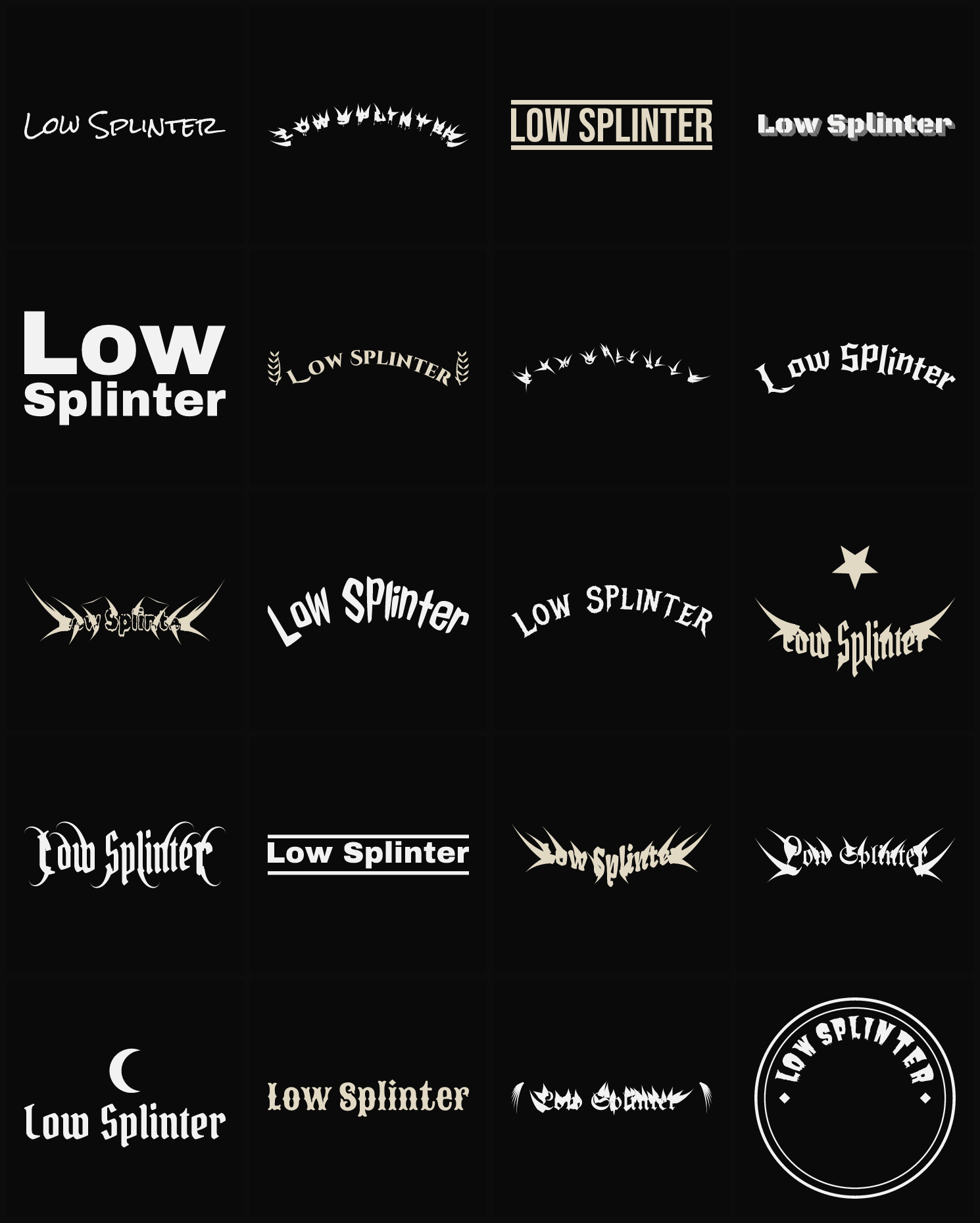 Twenty Low Splinter band logo ideas — different faces, treatments and spike settings