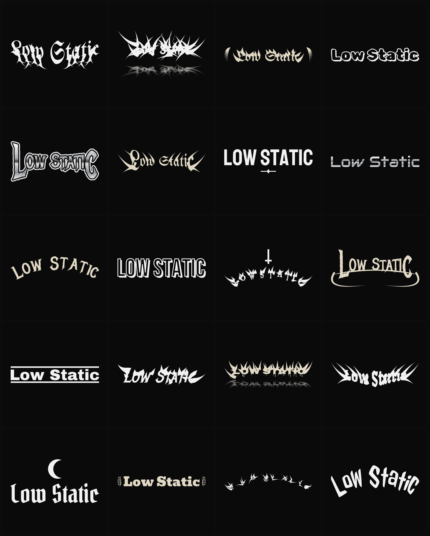 Twenty Low Static band logo ideas — different faces, treatments and spike settings