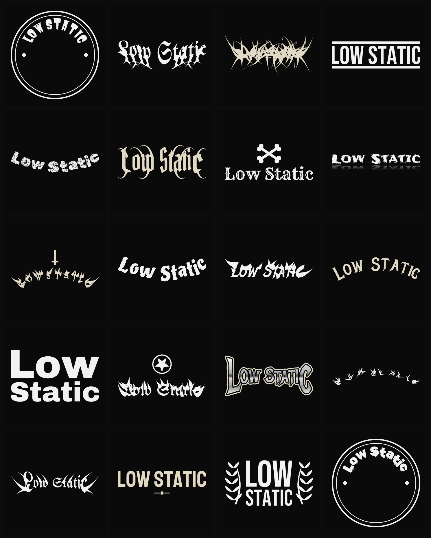 Twenty Low Static band logo ideas — different faces, treatments and spike settings
