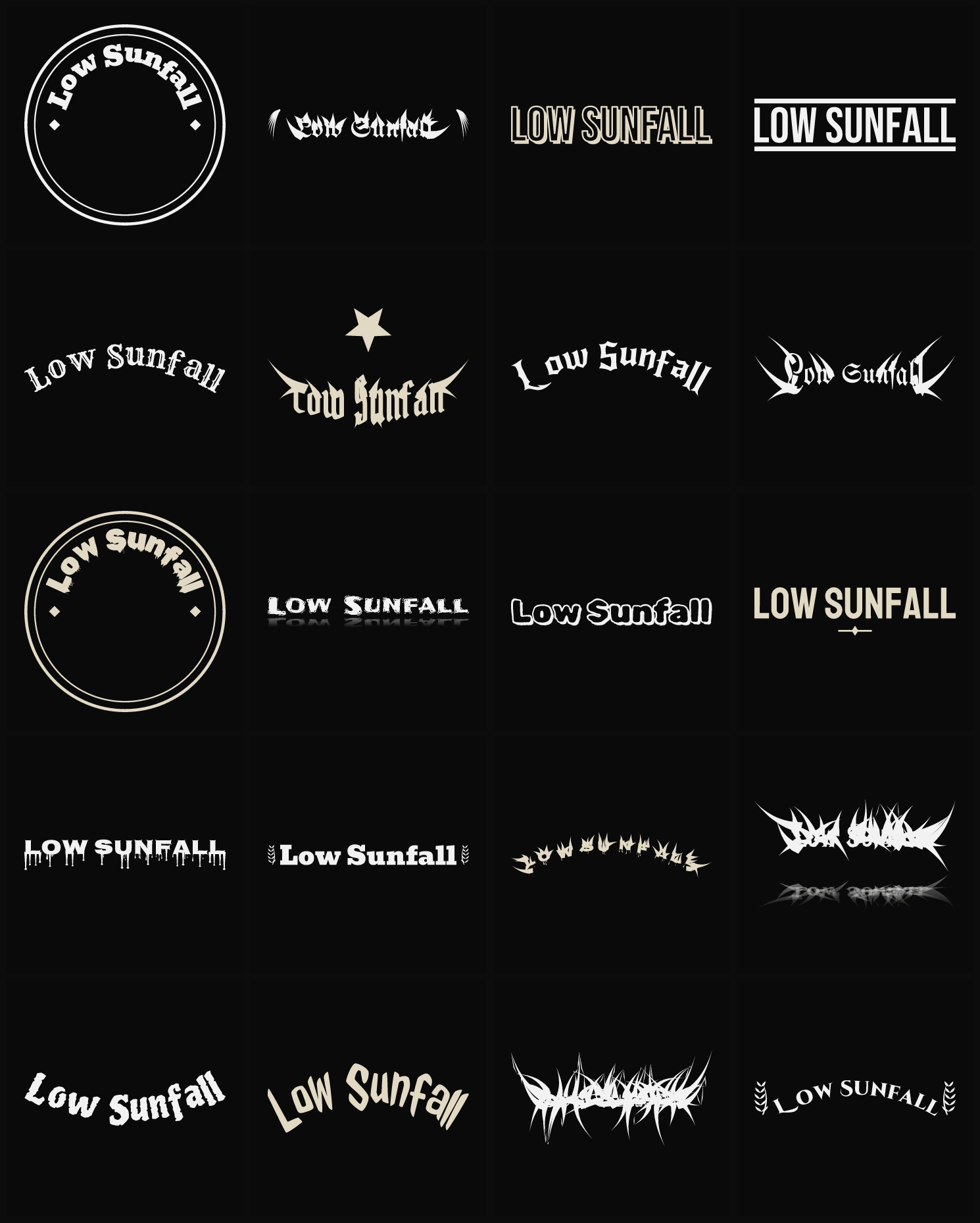 Twenty Low Sunfall band logo ideas — different faces, treatments and spike settings