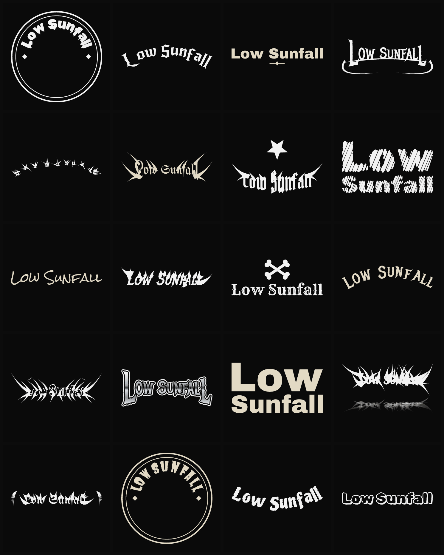 Twenty Low Sunfall band logo ideas — different faces, treatments and spike settings