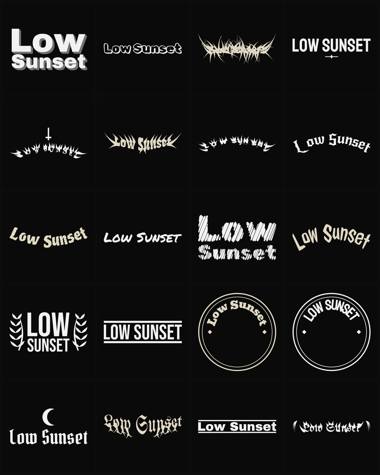 Twenty Low Sunset band logo ideas — different faces, treatments and spike settings