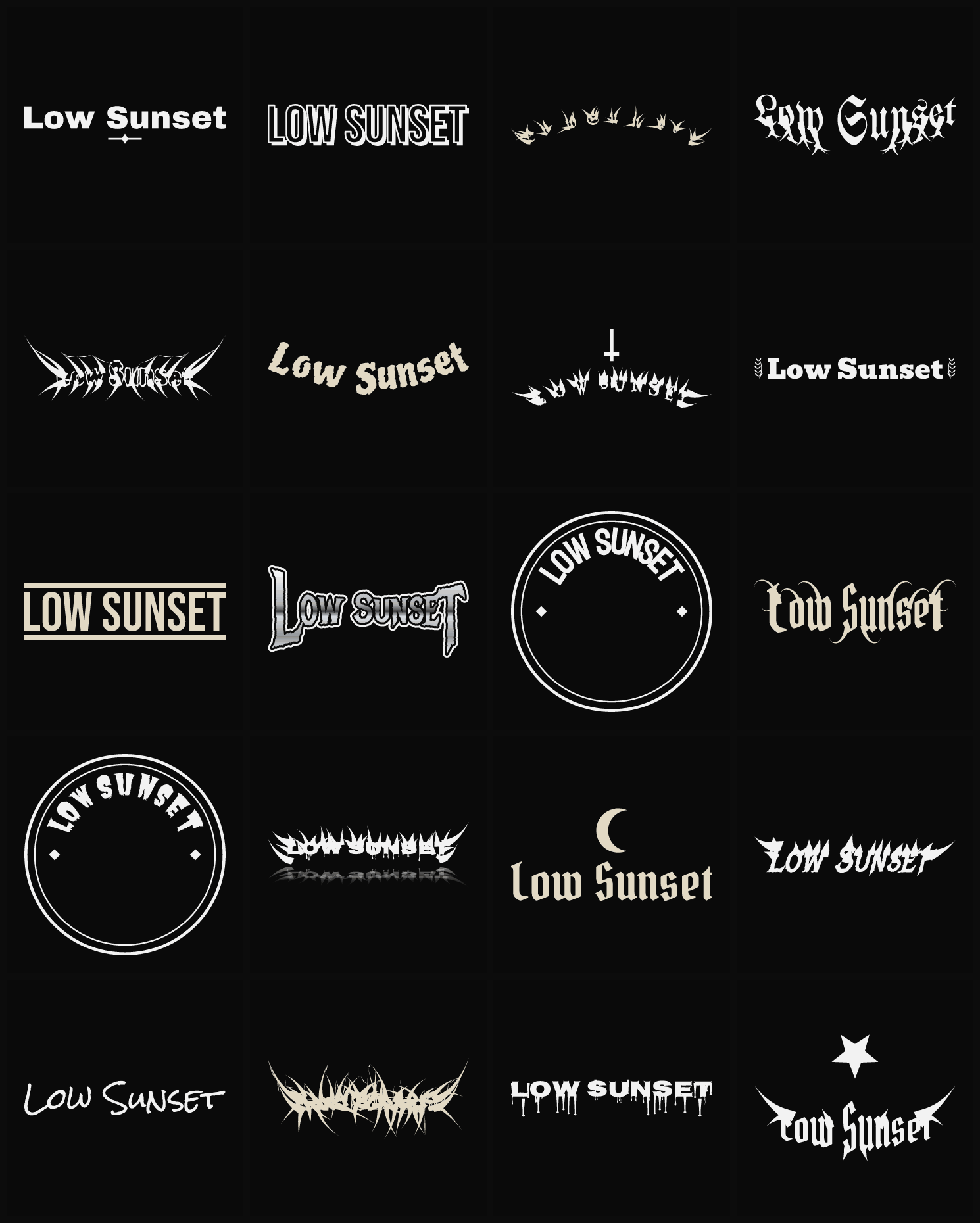 Twenty Low Sunset band logo ideas — different faces, treatments and spike settings