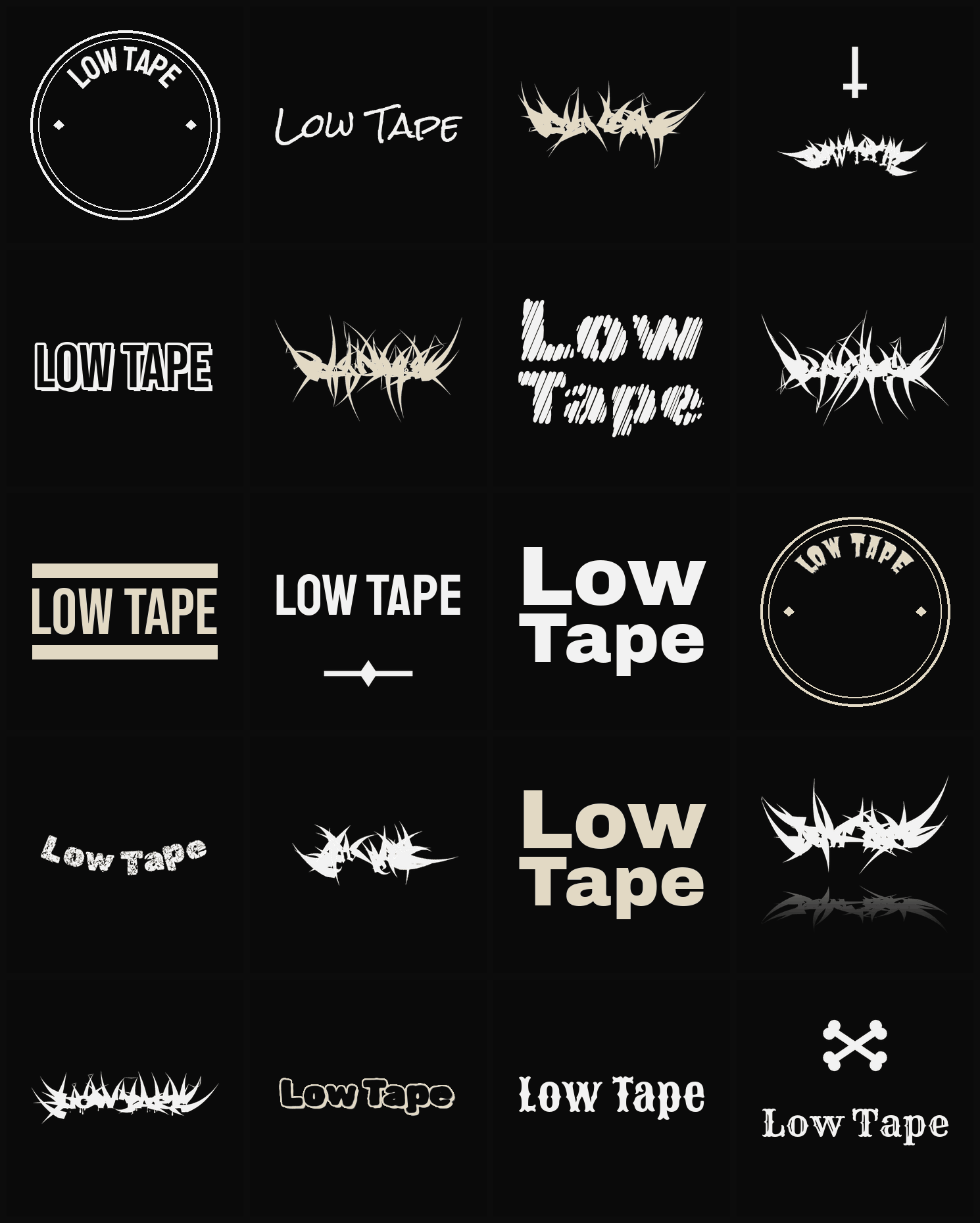 Twenty Low Tape band logo ideas — different faces, treatments and spike settings