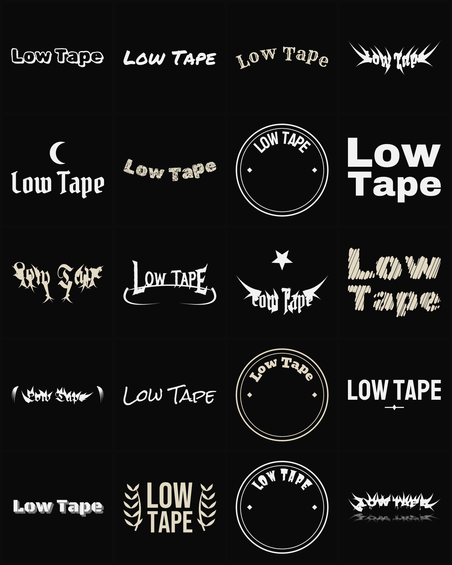 Twenty Low Tape band logo ideas — different faces, treatments and spike settings