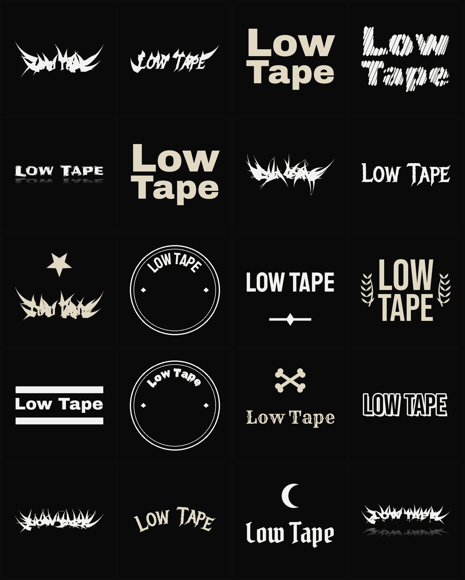 Twenty Low Tape band logo ideas — different faces, treatments and spike settings