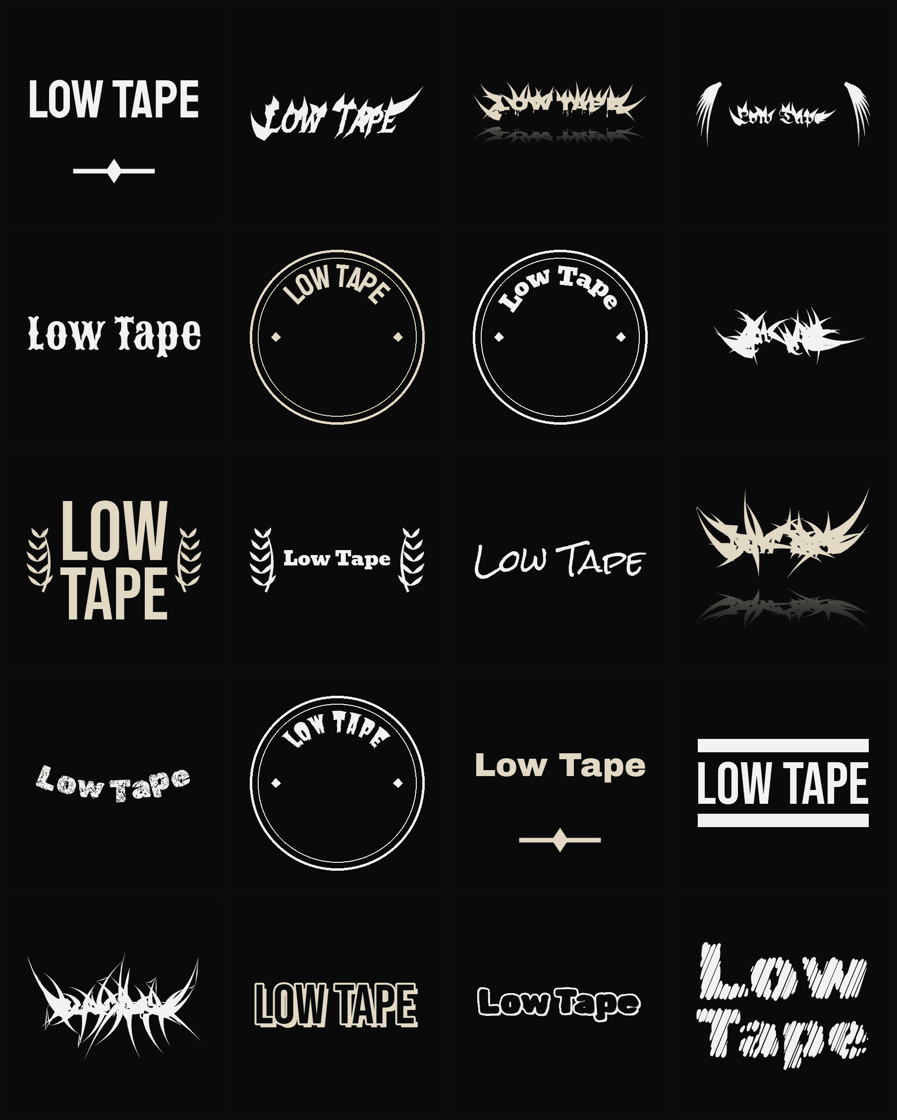 Twenty Low Tape band logo ideas — different faces, treatments and spike settings