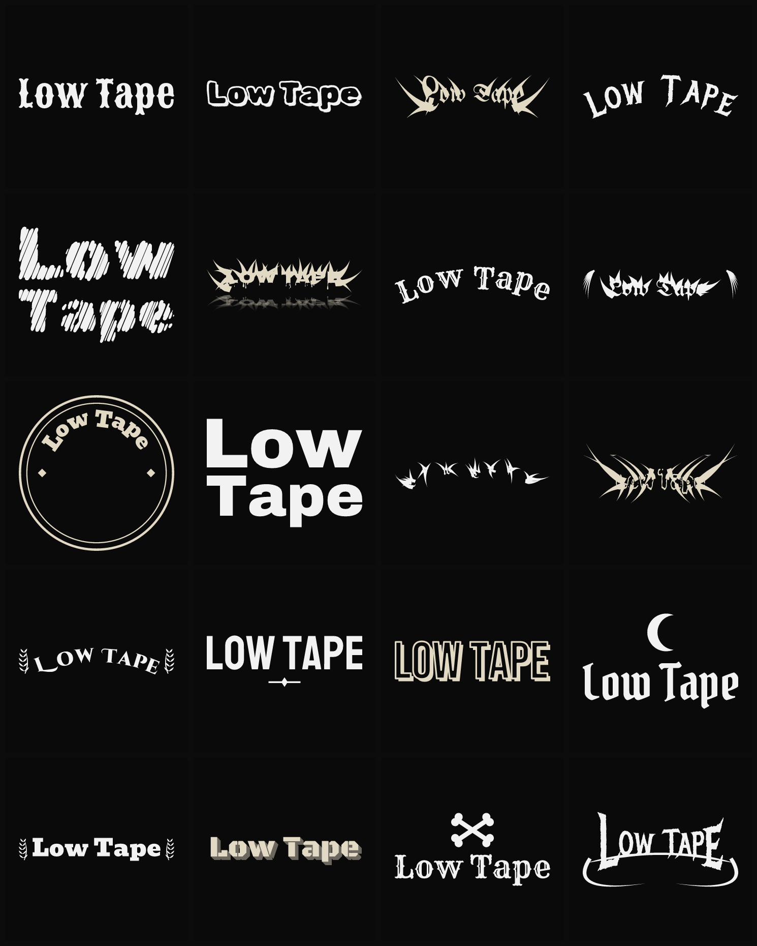 Twenty Low Tape band logo ideas — different faces, treatments and spike settings