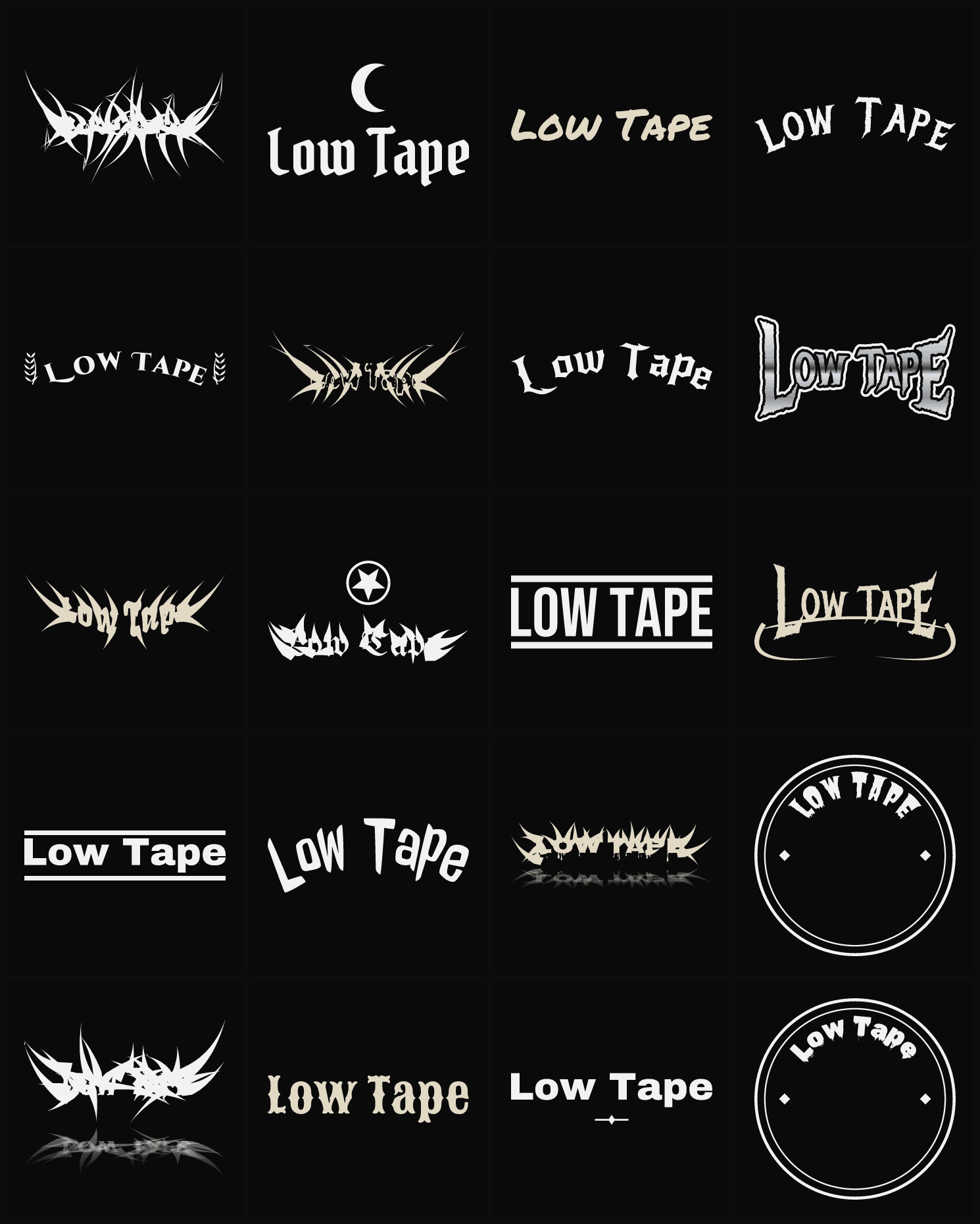 Twenty Low Tape band logo ideas — different faces, treatments and spike settings