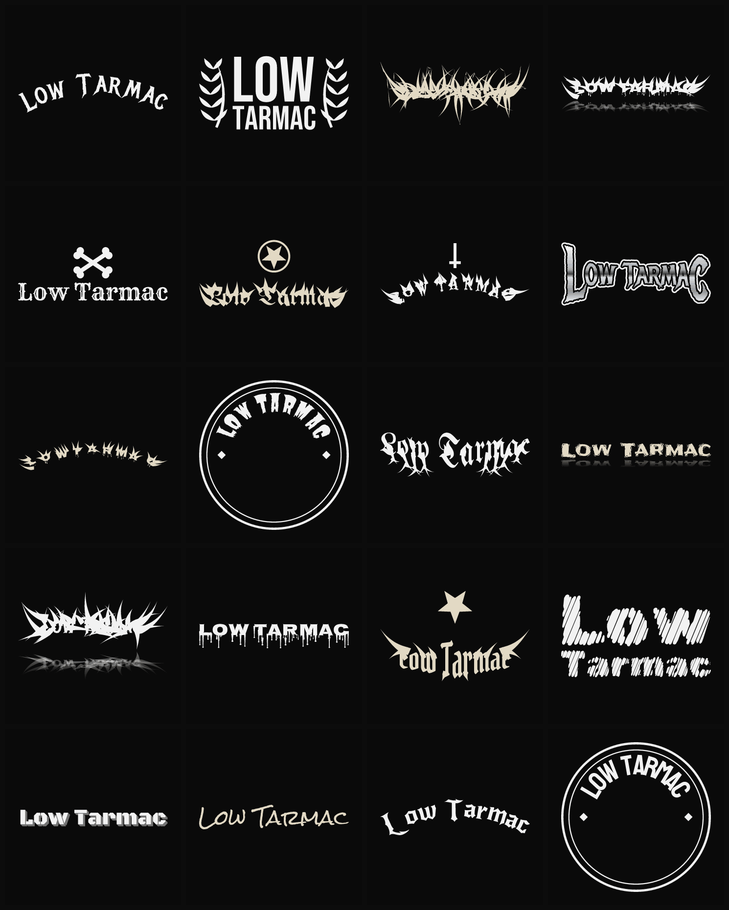 Twenty Low Tarmac band logo ideas — different faces, treatments and spike settings