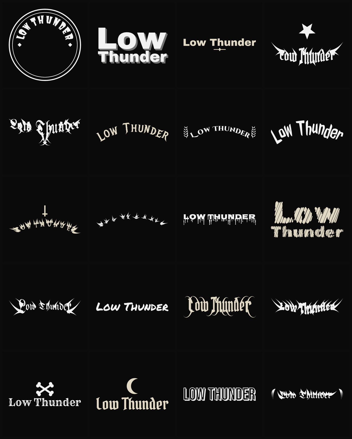 Twenty Low Thunder band logo ideas — different faces, treatments and spike settings