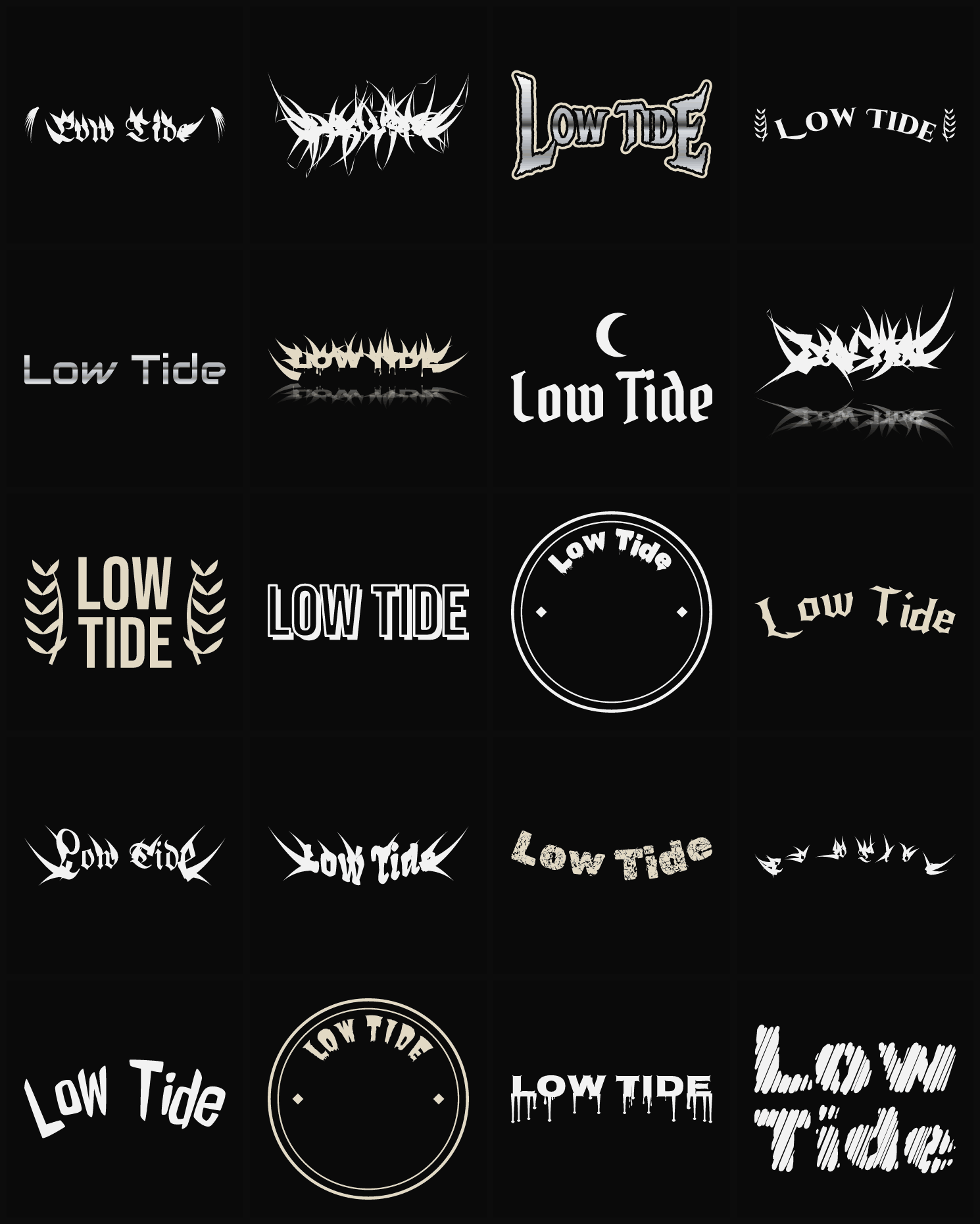 Twenty Low Tide band logo ideas — different faces, treatments and spike settings