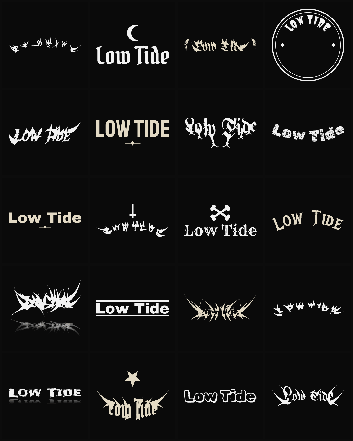 Twenty Low Tide band logo ideas — different faces, treatments and spike settings