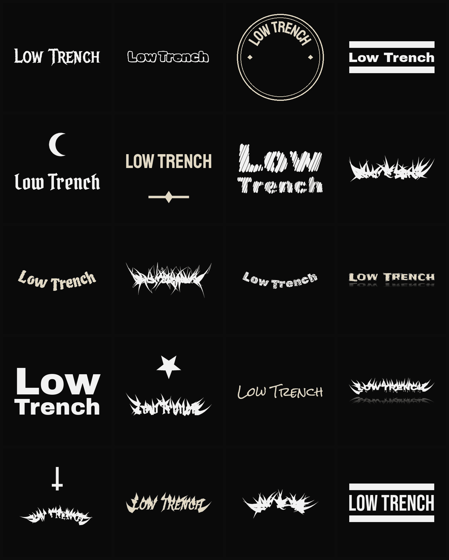 Twenty Low Trench band logo ideas — different faces, treatments and spike settings