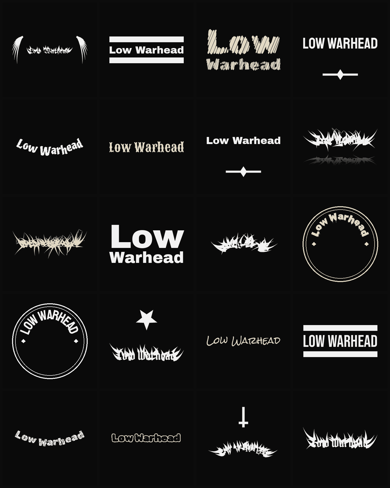 Twenty Low Warhead band logo ideas — different faces, treatments and spike settings