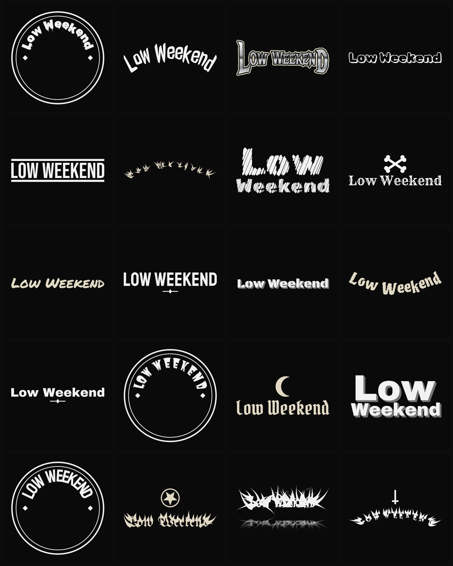 Twenty Low Weekend band logo ideas — different faces, treatments and spike settings