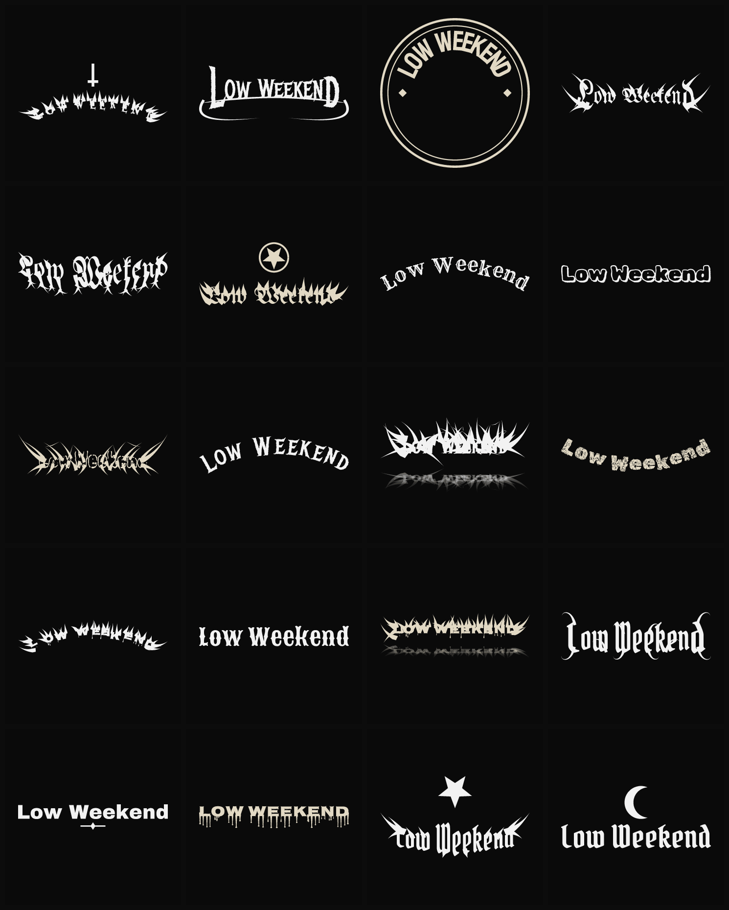 Twenty Low Weekend band logo ideas — different faces, treatments and spike settings
