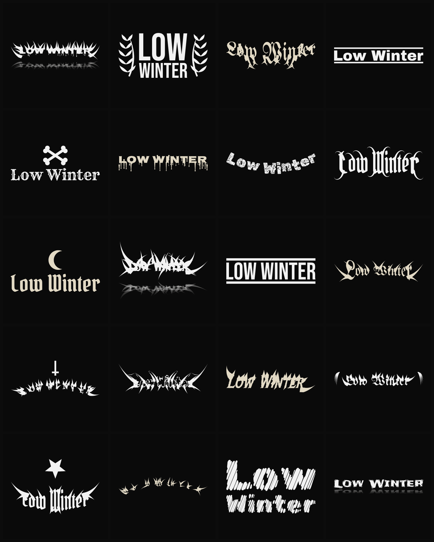 Twenty Low Winter band logo ideas — different faces, treatments and spike settings