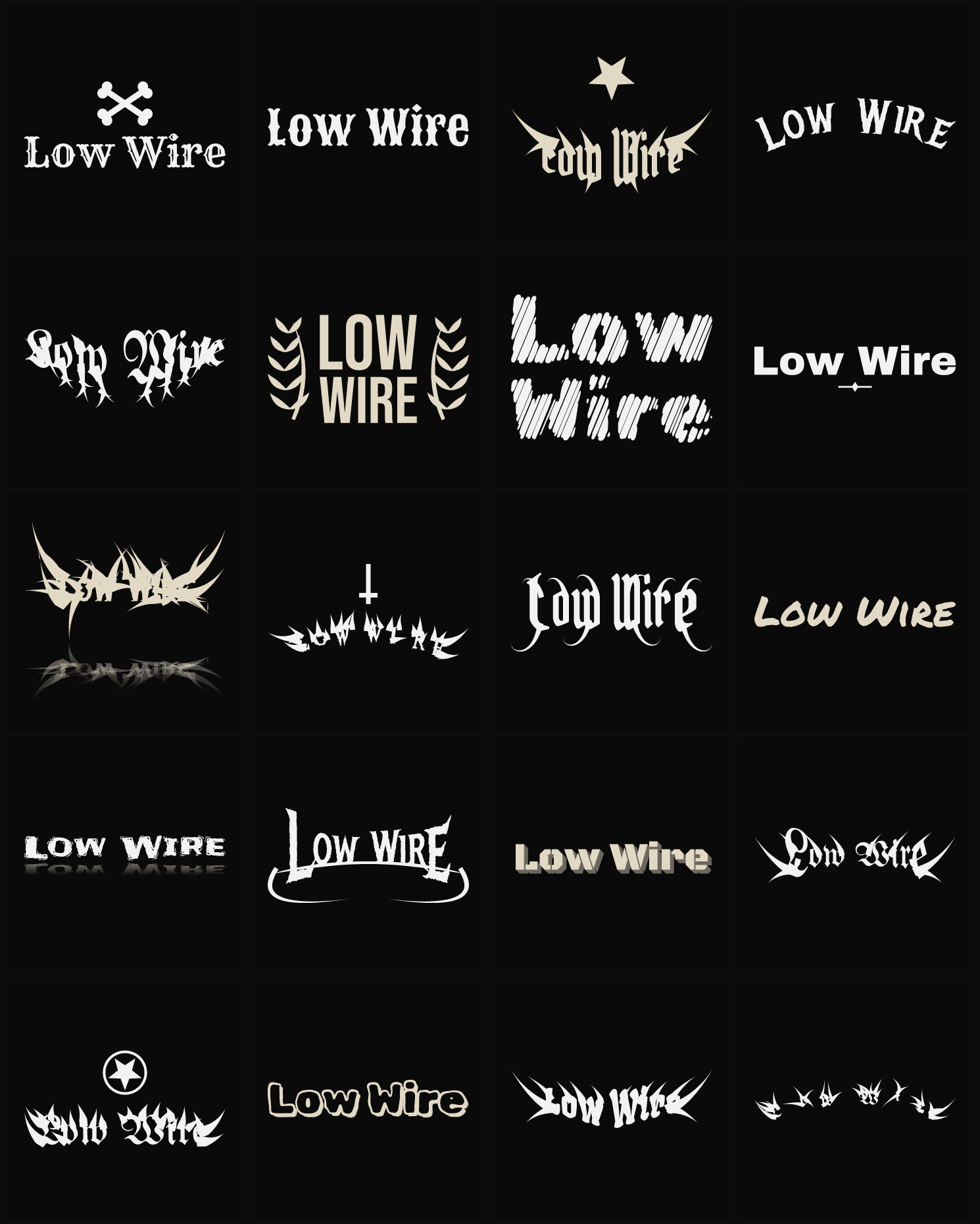 Twenty Low Wire band logo ideas — different faces, treatments and spike settings