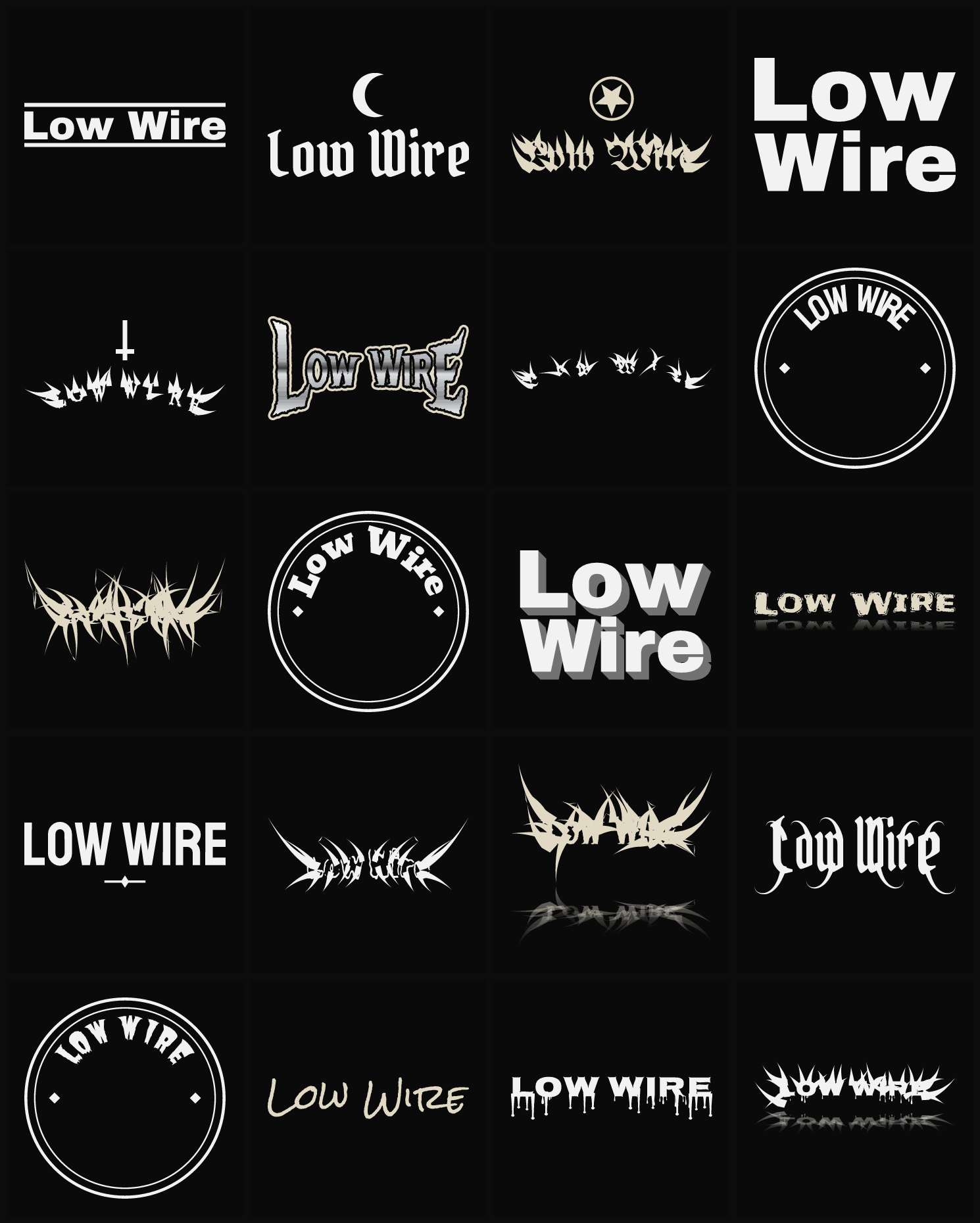 Twenty Low Wire band logo ideas — different faces, treatments and spike settings