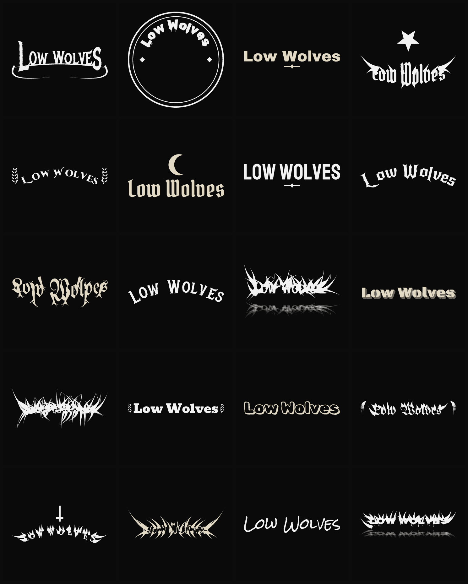 Twenty Low Wolves band logo ideas — different faces, treatments and spike settings