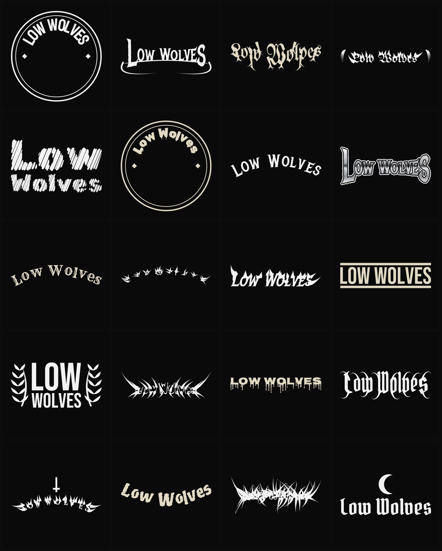 Twenty Low Wolves band logo ideas — different faces, treatments and spike settings