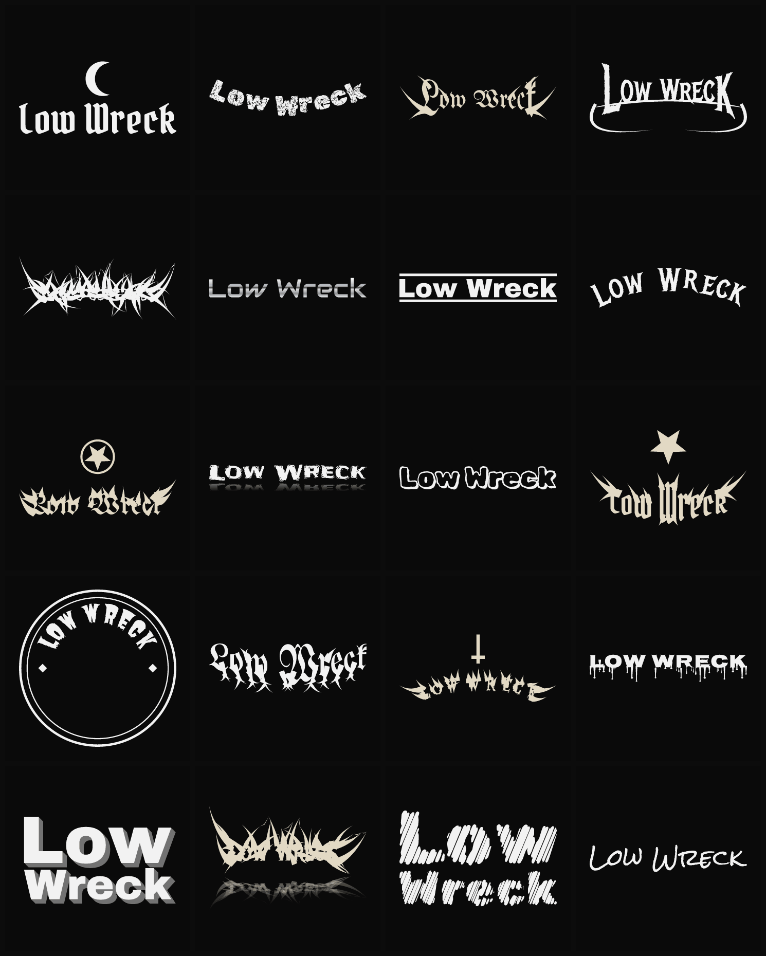 Twenty Low Wreck band logo ideas — different faces, treatments and spike settings