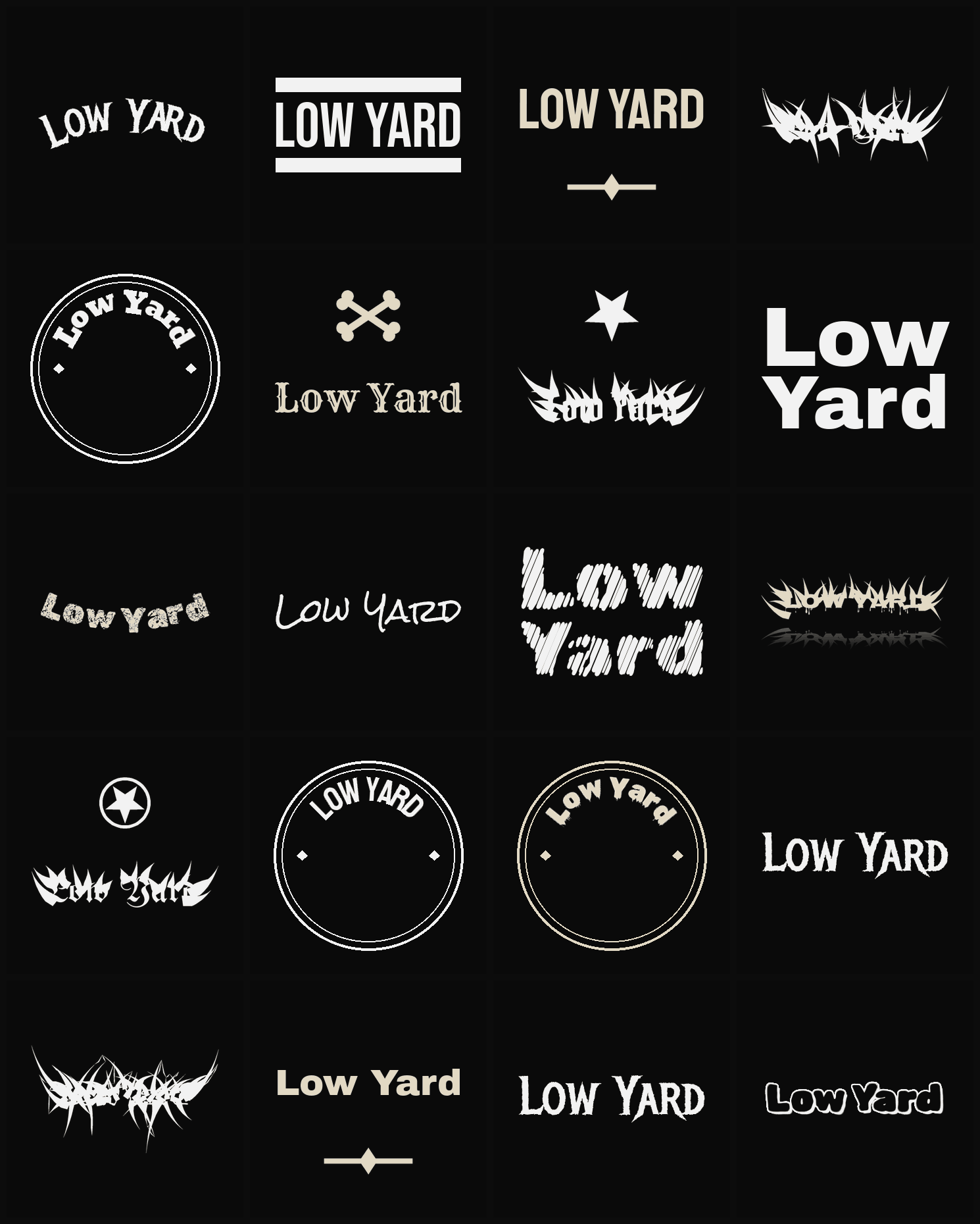 Twenty Low Yard band logo ideas — different faces, treatments and spike settings