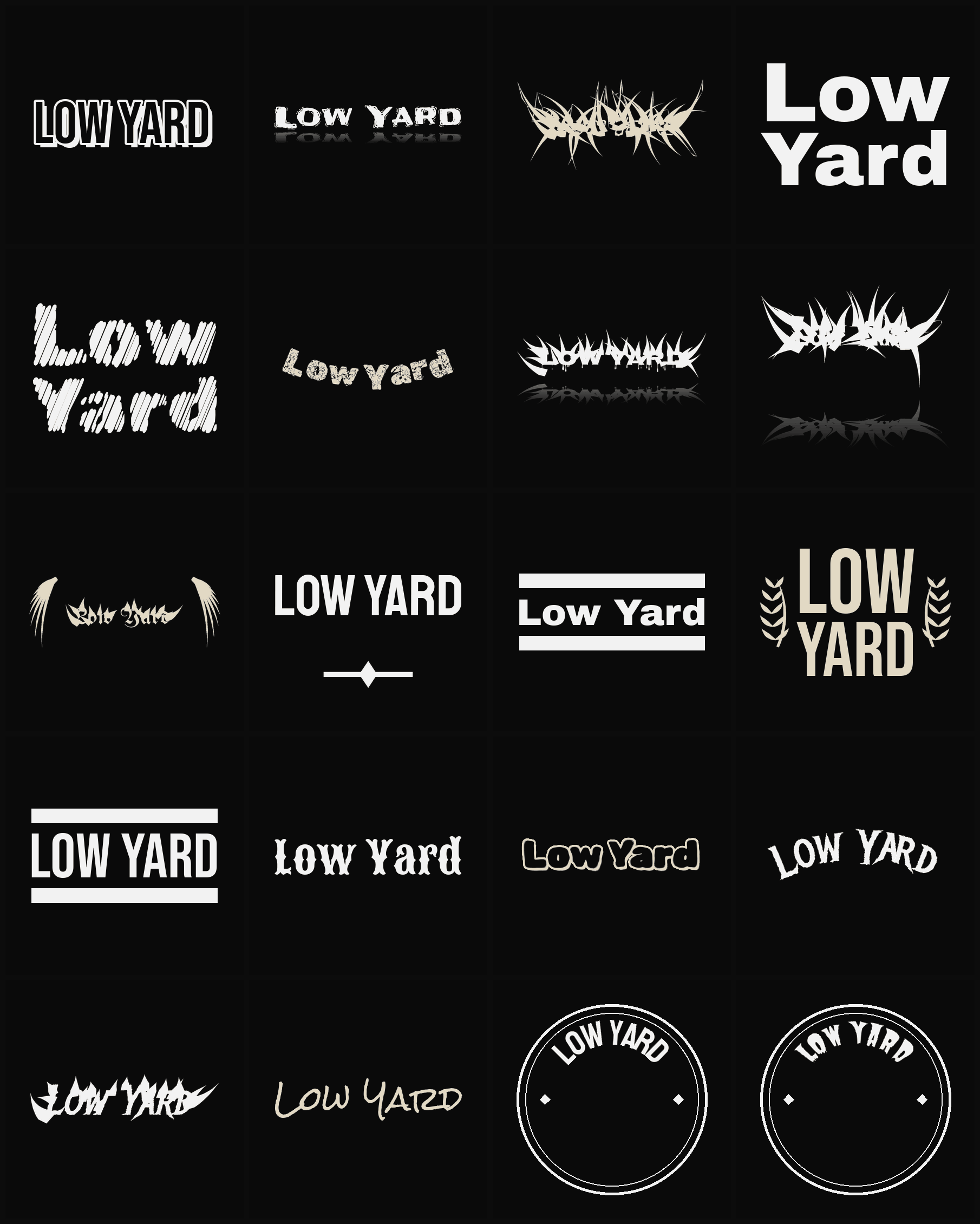 Twenty Low Yard band logo ideas — different faces, treatments and spike settings
