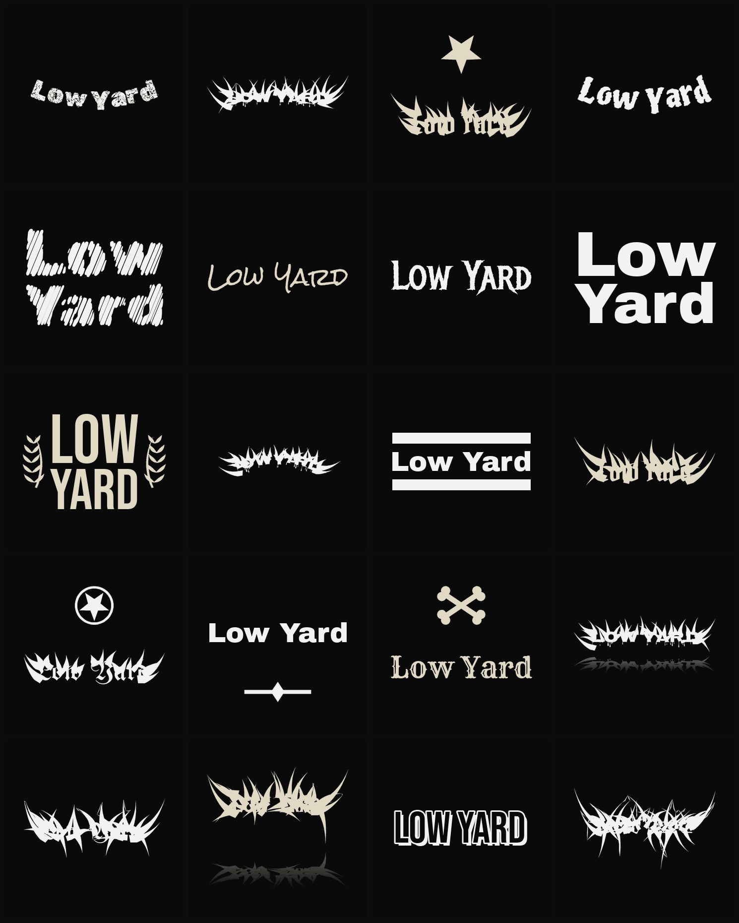 Twenty Low Yard band logo ideas — different faces, treatments and spike settings