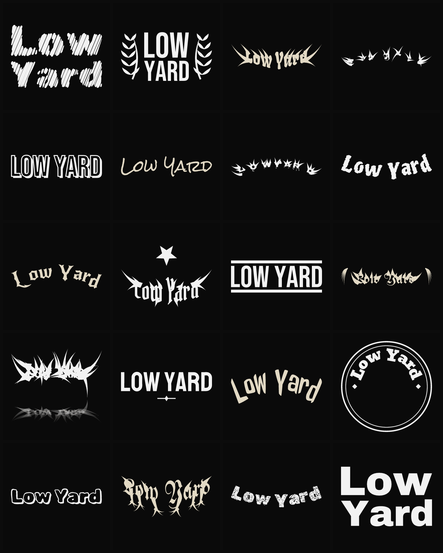 Twenty Low Yard band logo ideas — different faces, treatments and spike settings