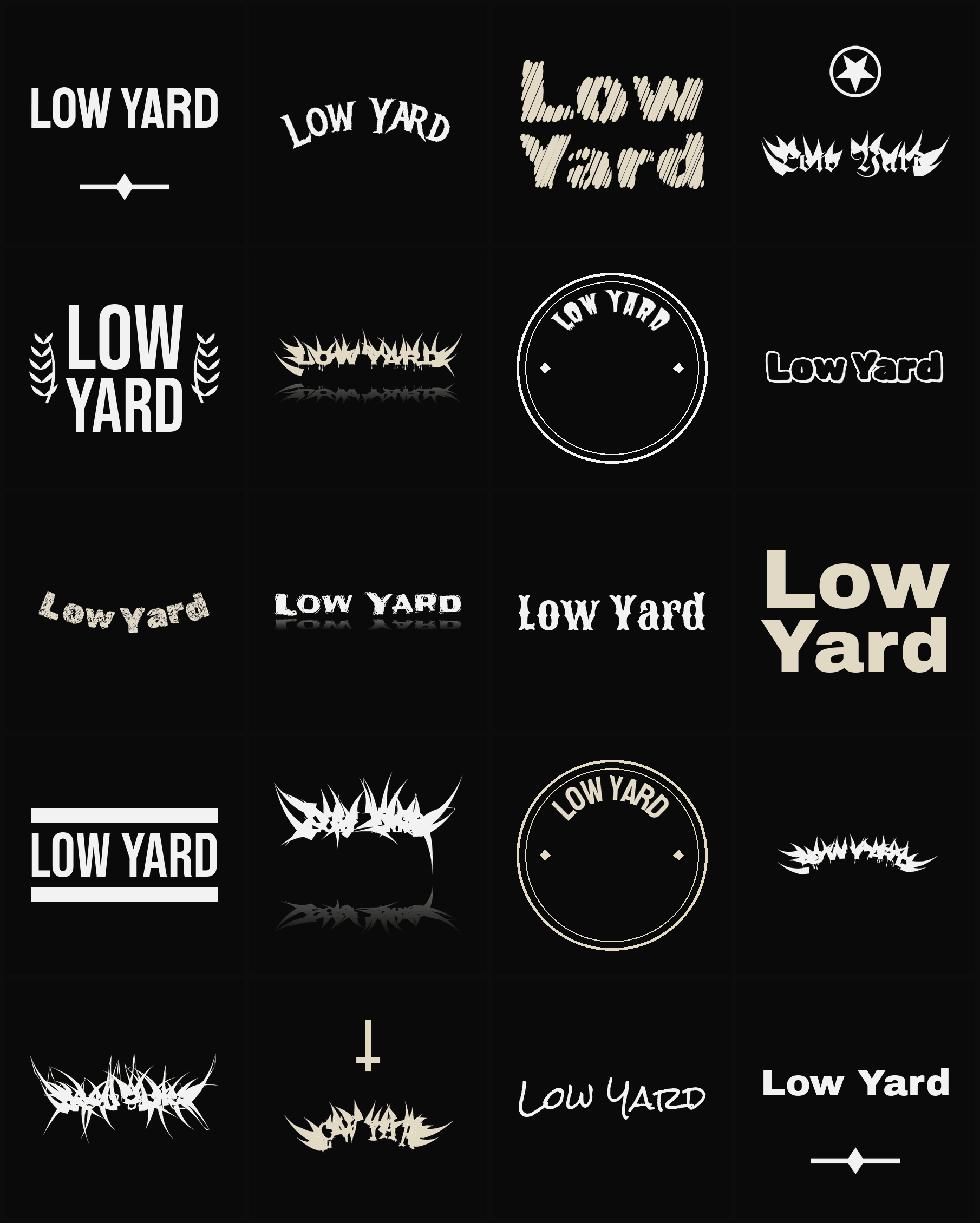 Twenty Low Yard band logo ideas — different faces, treatments and spike settings