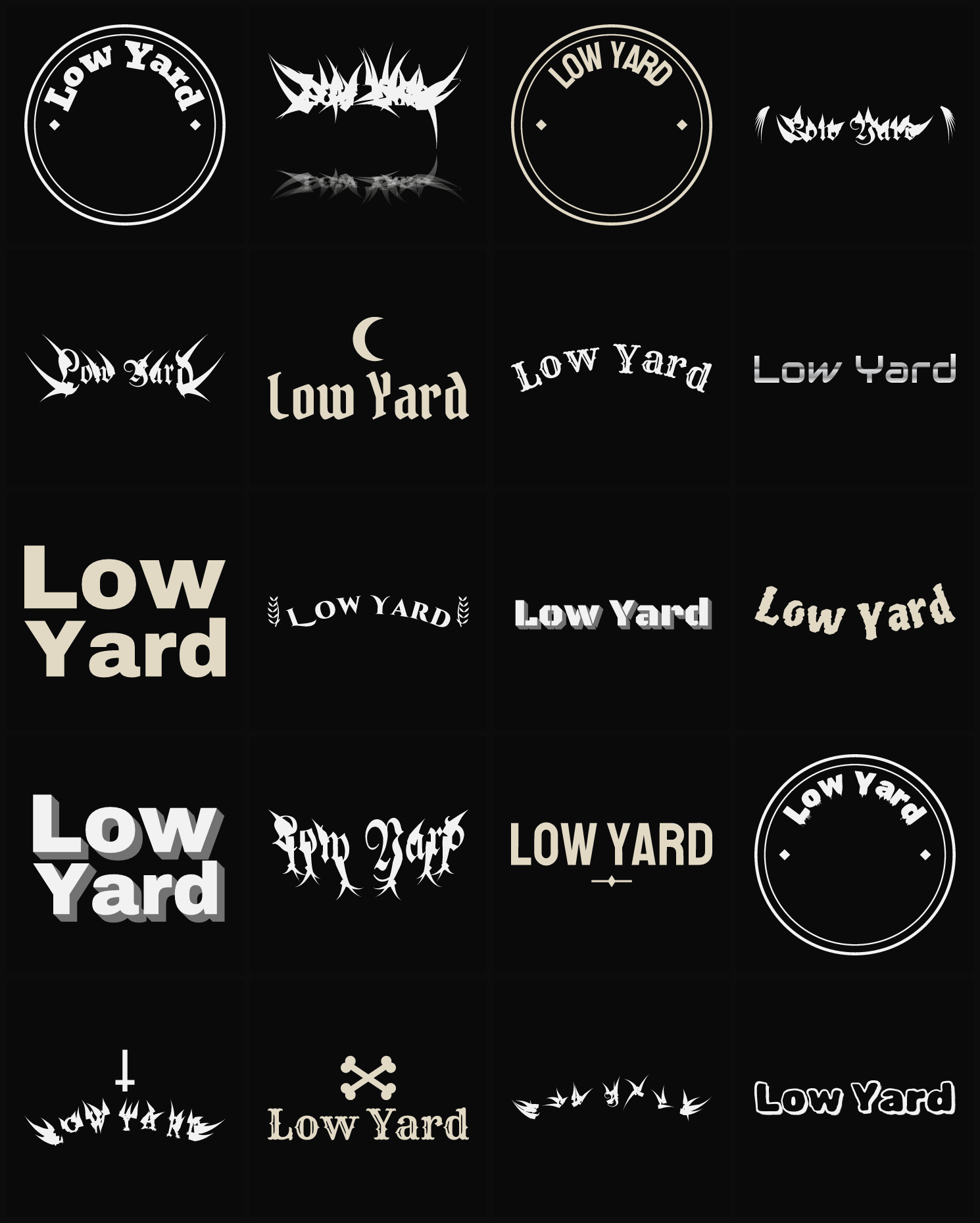 Twenty Low Yard band logo ideas — different faces, treatments and spike settings