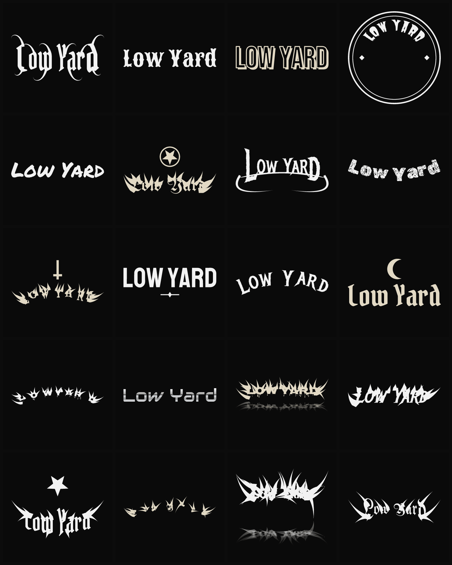 Twenty Low Yard band logo ideas — different faces, treatments and spike settings