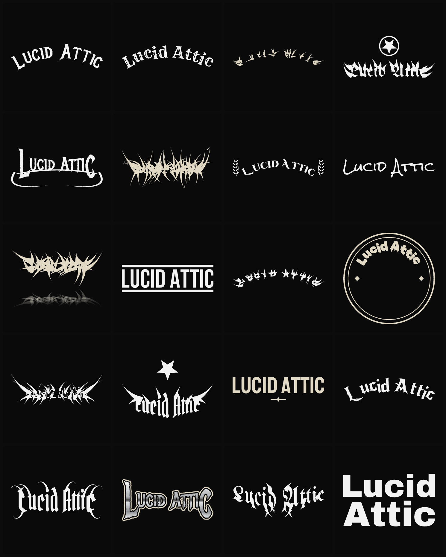 Twenty Lucid Attic band logo ideas — different faces, treatments and spike settings