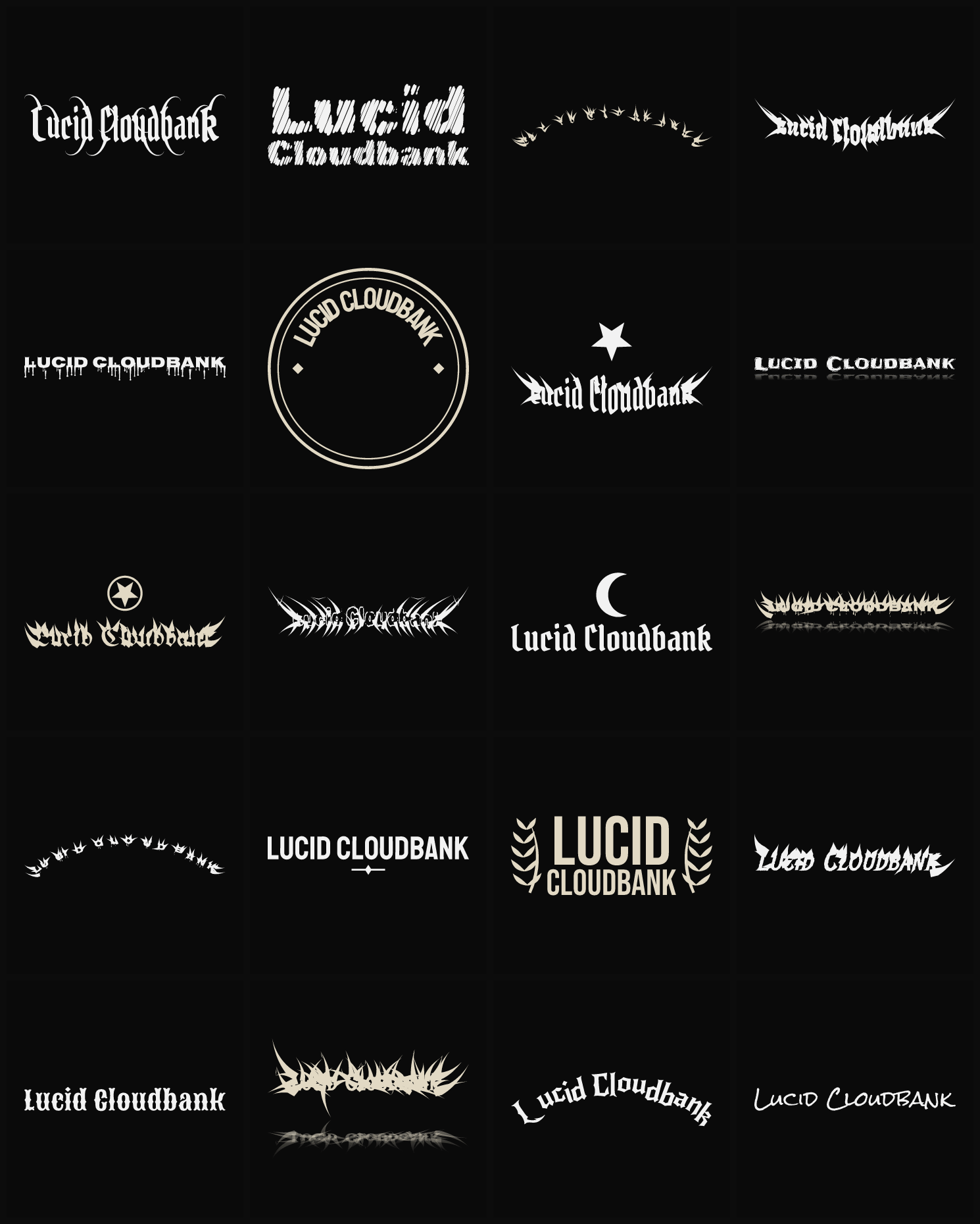 Twenty Lucid Cloudbank band logo ideas — different faces, treatments and spike settings