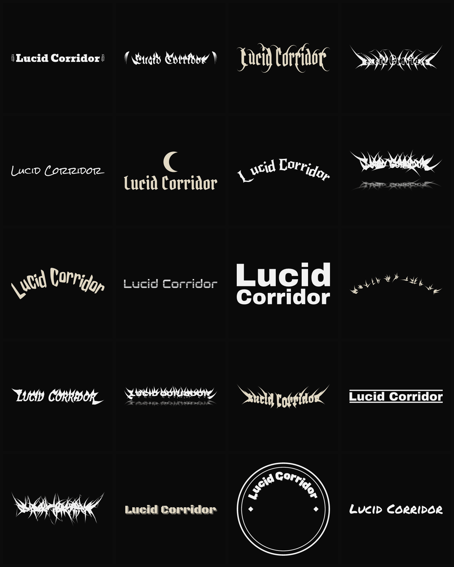 Twenty Lucid Corridor band logo ideas — different faces, treatments and spike settings